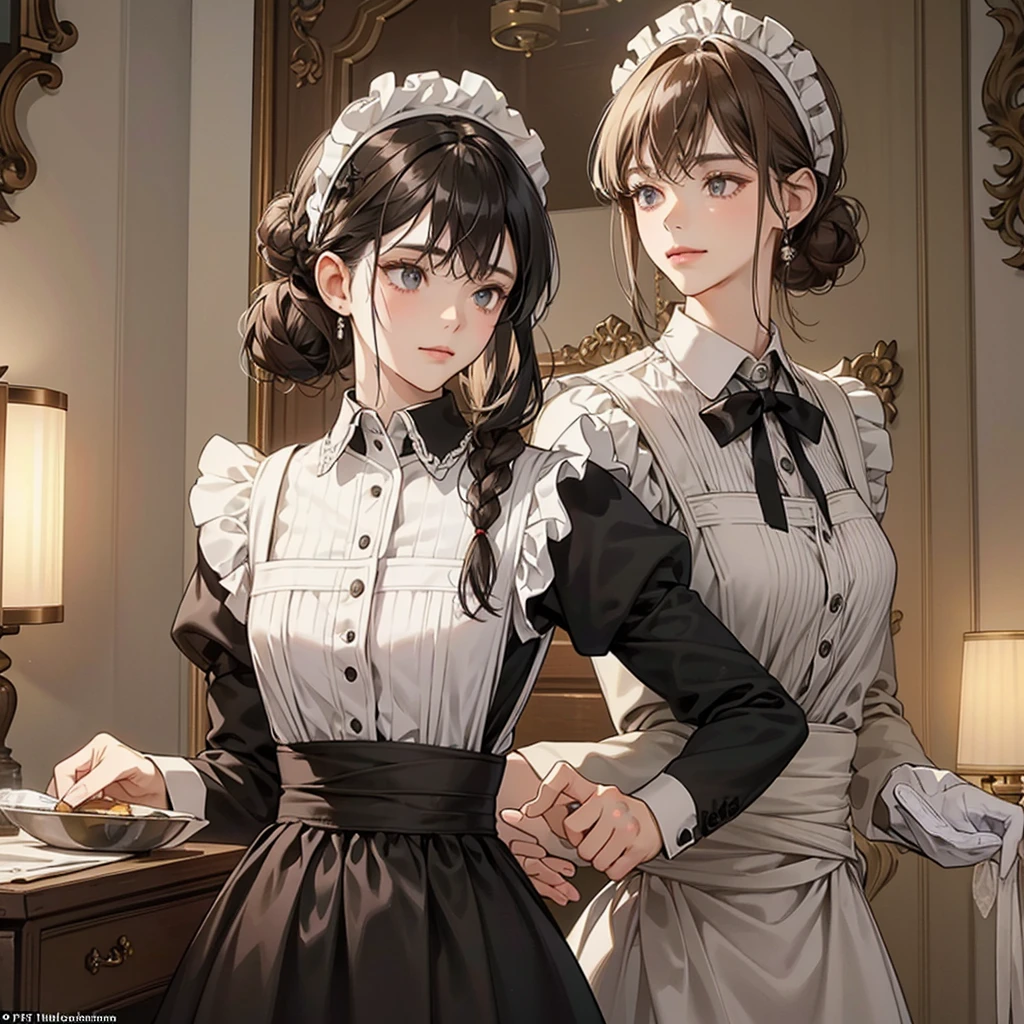 character (Maid):
hair: Dark brown, collected in a simple or braided bun, with some loose strands for a natural touch.
eyes: warm browns, expressive and friendly.
Expression: Friendly and helpful, with a soft smile.
outfit: Maid uniform of the period, composed of a long and simple dark-colored dress (like gray the black), with a clean white apron and a white cap on his head.
Accessories: Maybe a key hanging from your waist, symbolizing your responsibility in the house.
bottom: An old mansion atmosphere, with elegant decorations and noble details such as chandeliers and tapestries.