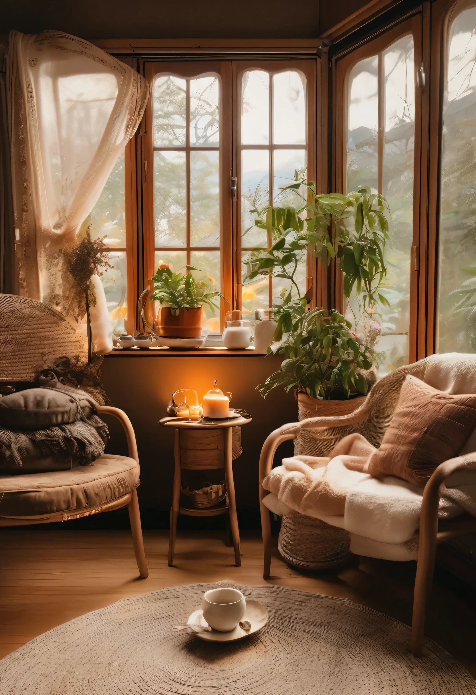 Soft and warm lighting、Creates a cozy atmosphere。
Beautifully arranged tea set（Teapot、cup、Saucer、Sweets, cookies, etc.）
A comfortable chair, a sofa with fluffy cushions, a blanket, and a houseplant.、flower、Garden and nature view from the windowRelaxingBook,Magazine simple and neat background、Vintage decoration tea time　Real
