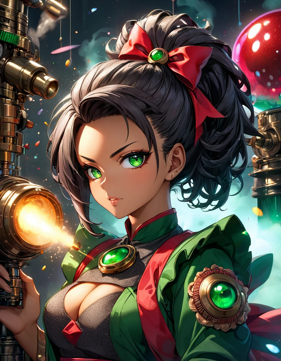 atmosfera oleosa sombria 4D style cat Goku seios empinados firmes sexy picture of a grown-up magical girl sexy cute mature afro face hair afro black + red with some puled up into a false ponytail girl is a beautiful dark black theme with glitter and sparkles perfect big green Sharingan eye creating a glamorous and aesthetic effect. sharp focus emitting diodes smoke artillery sparks racks system unit motherboard by pascal blanche rutkowski repin artstation hyperrealism painting concept art of detailed