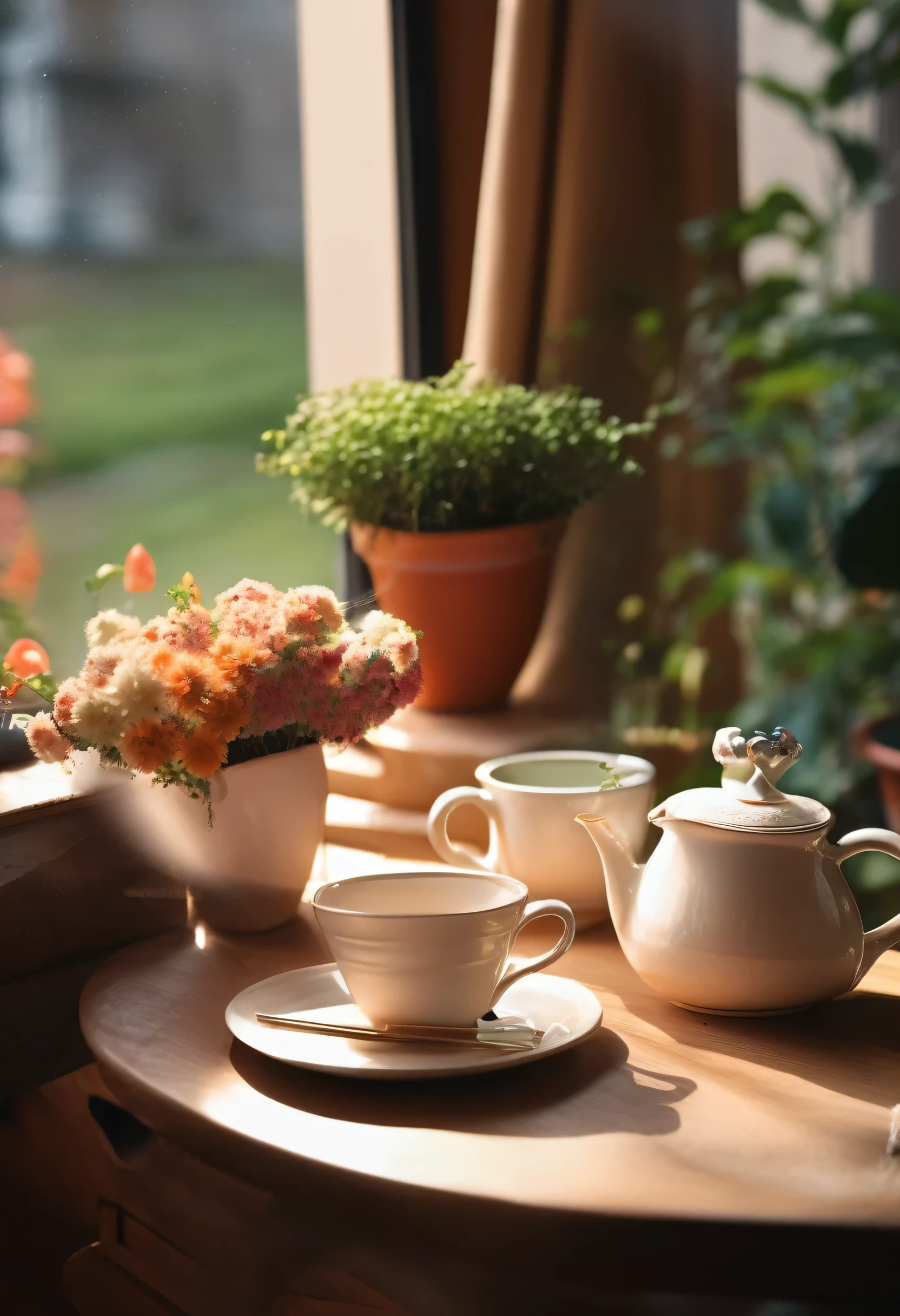 Soft and warm lighting、Creates a cozy atmosphere。
Beautifully arranged tea set（Teapot、cup、Saucer、Sweets, cookies, etc.）
A comfortable chair, a sofa with fluffy cushions, a blanket, and a houseplant.、flower、Garden and nature view from the windowRelaxingBook,Magazine simple and neat background、Vintage decoration tea time　Real