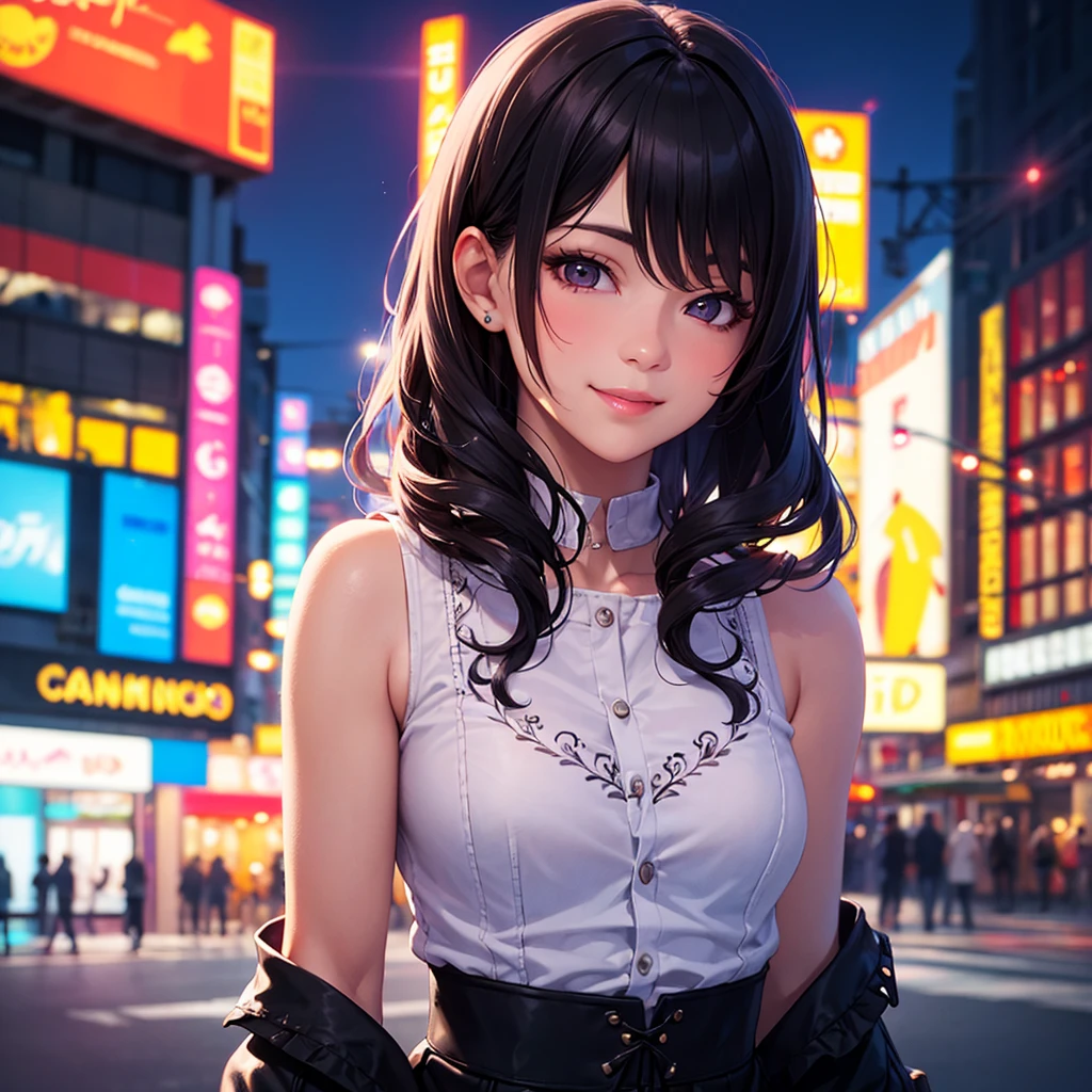 Top quality, realistic, night city, neon lights, backlit, upper body, focus on lips, (1 adult female), small breasts, black hair, long curly hair, glossy pink lips, closed mouth, sexy pose, slanted eyes, smiling face, detailed embroidery, sleeveless shirt, ruffles,