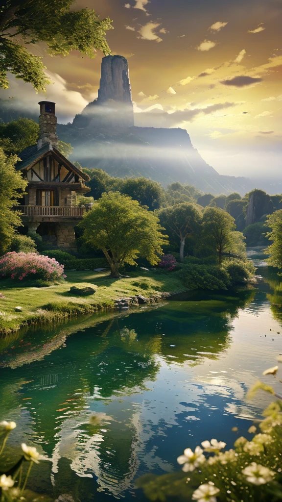 (best quality,4k,8k,highres,masterpiece:1.2),ultra-detailed,(realistic,photorealistic,photo-realistic:1.37),house,mountain,waterfall,sunset,lake,flowers,scenic landscape,peaceful atmosphere,breathtaking view,serene colors,reflection on the water,vibrant flora,tranquil moment,harmony of nature,azure sky,majestic peaks,gentle cascade,natural beauty,sunlight piercing through the trees,serenity in the air,inviting path,picturesque setting,dreamlike scenery,distant horizon,painting-like panorama,soft warm light,calm waters,misty textures,tower over the landscape,awe-inspiring sight,hidden oasis,splashing water droplets,melancholic hues,serene sunset,tranquil surroundings,a burst of colors,dancing in the breeze,blending with the surroundings.