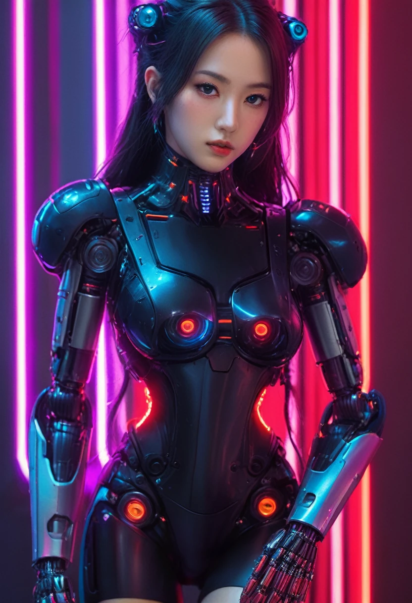 xxmixgirl. Highly detailed professional 35mm film, bokeh, face in sharp focus. A robotic female, Miku, with ((metal skin)), ((perfect Asian eyes)) with magenta irises and ((black pupils)), beautiful serious (detailed face), 18 year old ((photorealistic face)), very long magenta twin tails of magenta hair, twin black hair ties with a single red stripe. She may have a black audio headpiece. We can see her ((full body)) down to her boot soles. Her outfit is a sleeveless collared light grey shirt, outlined in red around the frilled collar and hems. Shiny reflective ((metallic breast cups, dimpleless)), invisible nipples. She wears black sleeves with red hems that start around her upper arm and bellow out as the sleeves open and extend to her wrists, with wide trumpet red rimmed cuffs. She has perfect robotic (detailed hands). She wears a red colored tie with two horizontal solid parallel black lines halfway across. She wears a fabric black skirt with a horizontal red hem at the bottom all the way around; her (((black skirt wraps around her))) and ((her skirt completely covers)) her robotic waist and thighs. Tall black boots with red bottom soles, a red rim around the top at her thighs. Her mechanical shoulder joints are visible. We can see her robotic legs and robotic neck. Half of her is covered with shiny polished machinery. The background is a distant dark neon futuristic Japanese city, gold, cyan, violet neon, near harbor or mountains.