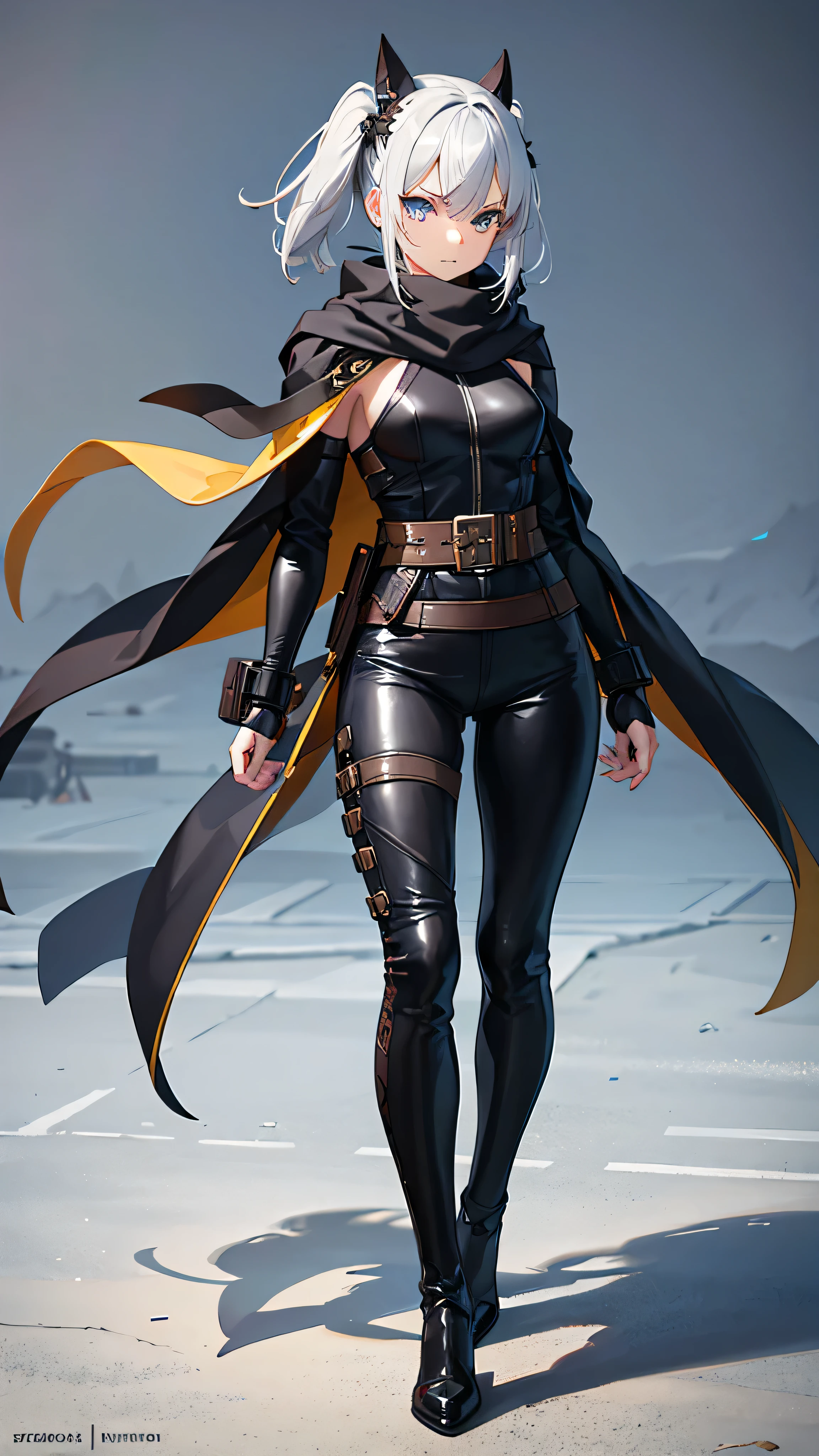 Artwork, Highest quality, High resolution, 1 girl, Synonym 1, scarf, short hair, Mitt, Ninja mask, Long sleeve, Leather pants, Gray Hair, Twin tails, Rogue clothing, Leather pants, Holding, Holding faca, Heterochromia iridis, Yellow Eyes, blue eyes, 14 year old, Hooded cloak, rogue Roleplaying, Roleplaying, Ninja, Remains, Medieval