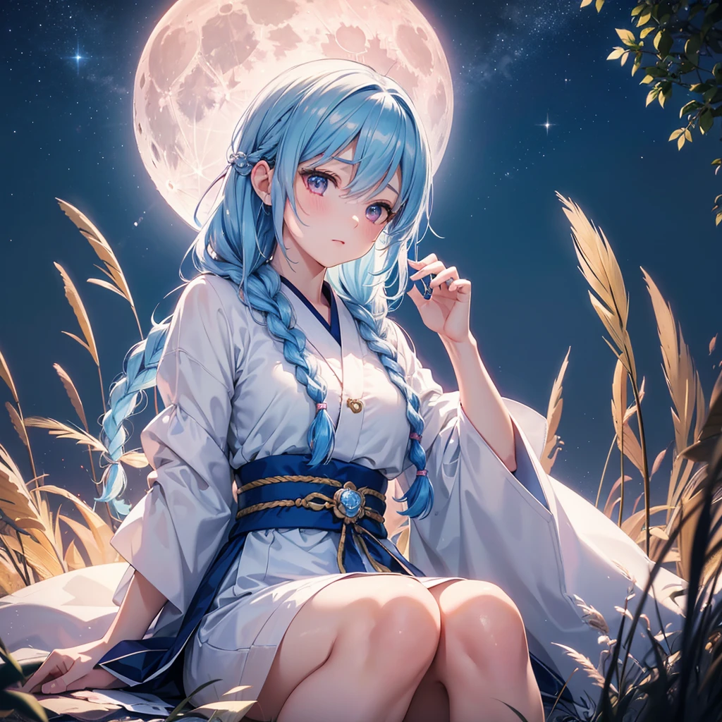 Sky blue hair, (Braided medium hair:1.2), Pink eyes,Fair skin ,(whole body),(One Girl),(White sweet dumplings ),White round dumplings,Bunny pattern moon,Japanese pampas grass,(beautiful, Full moon shining in the night sky),(masterpiece, Highest quality, Very detailed, Best Shadow), (Detailed Background), (Beautifully detailed face), High Contrast, (Best lighting, Very delicate and beautiful), ((Cinematic Light)), colorful, Hyper Detail,8k, Dramatic Light, Intricate details,Sit and look at the moon,
