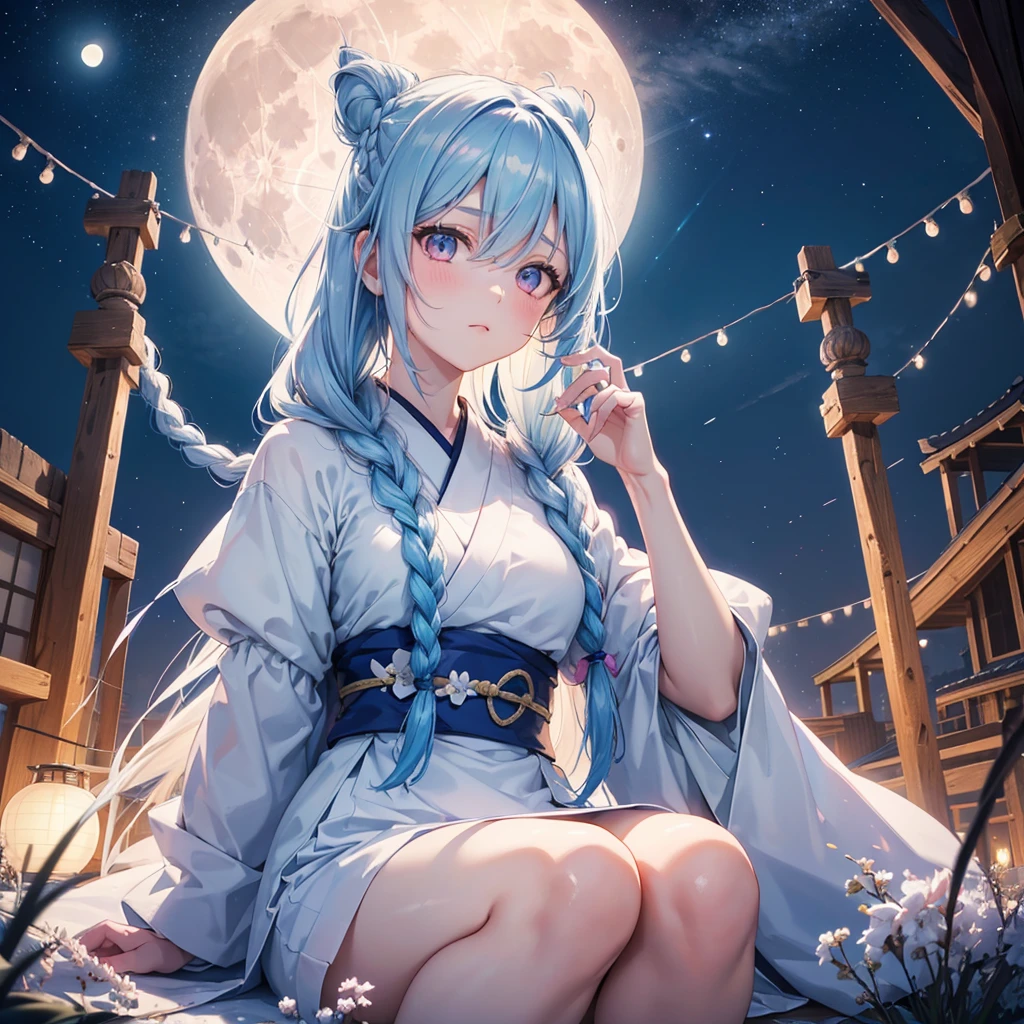 Sky blue hair, (Braided medium hair:1.2), Pink eyes,Fair skin ,(whole body),(One Girl),(White sweet dumplings ),White round dumplings,Bunny pattern moon,Japanese pampas grass,(beautiful, Full moon shining in the night sky),(masterpiece, Highest quality, Very detailed, Best Shadow), (Detailed Background), (Beautifully detailed face), High Contrast, (Best lighting, Very delicate and beautiful), ((Cinematic Light)), colorful, Hyper Detail,8k, Dramatic Light, Intricate details,Sit and look at the moon,