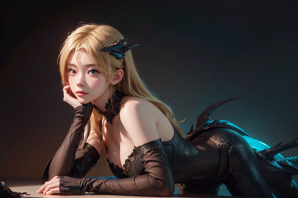 Polychrome,, night, dark, blonde, Show Viewer, In-person audience, Limited Edition Palette, Dragon Background, Shine,(Highly detailed CG Unity 8k wallpaper),(masterpiece), (Highest quality), (Vaporwave Style), (Super detailed), (Best illustrations),(Best Shadow),Perfect lighting , Perfect Anatomy , Vibrant colors、