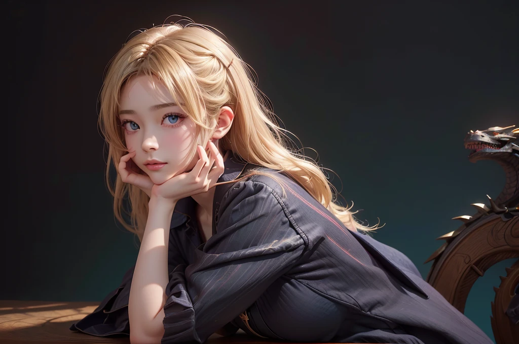 Polychrome,, night, dark, blonde, Show Viewer, In-person audience, Limited Edition Palette, Dragon Background, Shine,(Highly detailed CG Unity 8k wallpaper),(masterpiece), (Highest quality), (Vaporwave Style), (Super detailed), (Best illustrations),(Best Shadow),Perfect lighting , Perfect Anatomy , Vibrant colors、