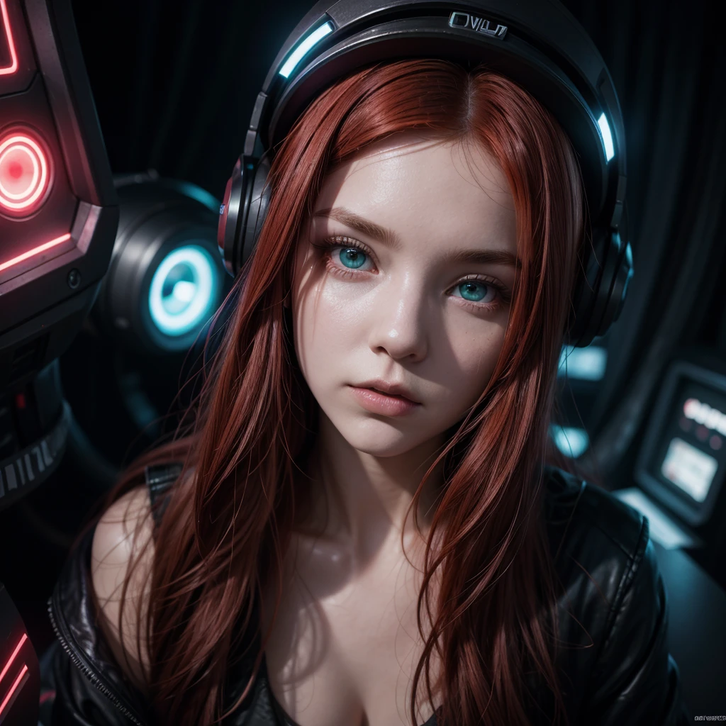 work of art, high qualiy, 1womanl, redheadwear, alone, female focus, greeneyes, black light, From above, cyber punk