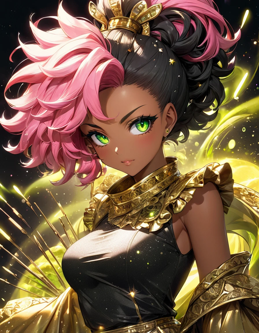 atmosfera oleosa sombria 4D style cat Goku seios empinados firmes sexy picture of a grown-up magical girl sexy cute mature afro face hair afro black + yellow pink with some puled up into a false ponytail girl is a beautiful dark black theme with glitter and sparkles perfect big green eye creating a glamorous and aesthetic effect. sharp focus emitting diodes smoke artillery sparks racks system unit motherboard by pascal blanche rutkowski repin artstation hyperrealism painting concept art of detailed