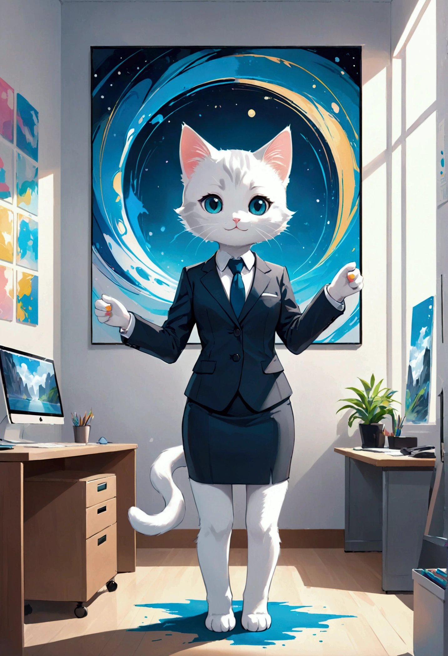 Perfect centering, full body cute kitten, wearing a business suit, working in the office, smiling sweetly, ((standing position)), abstract beauty, in the center, Perfect Close, Dynamic, Highly Detailed, Digital Painting, Art Station, Concept Art, Smooth, Sharp Focus, 8K, High Definition Resolution, Illustration,