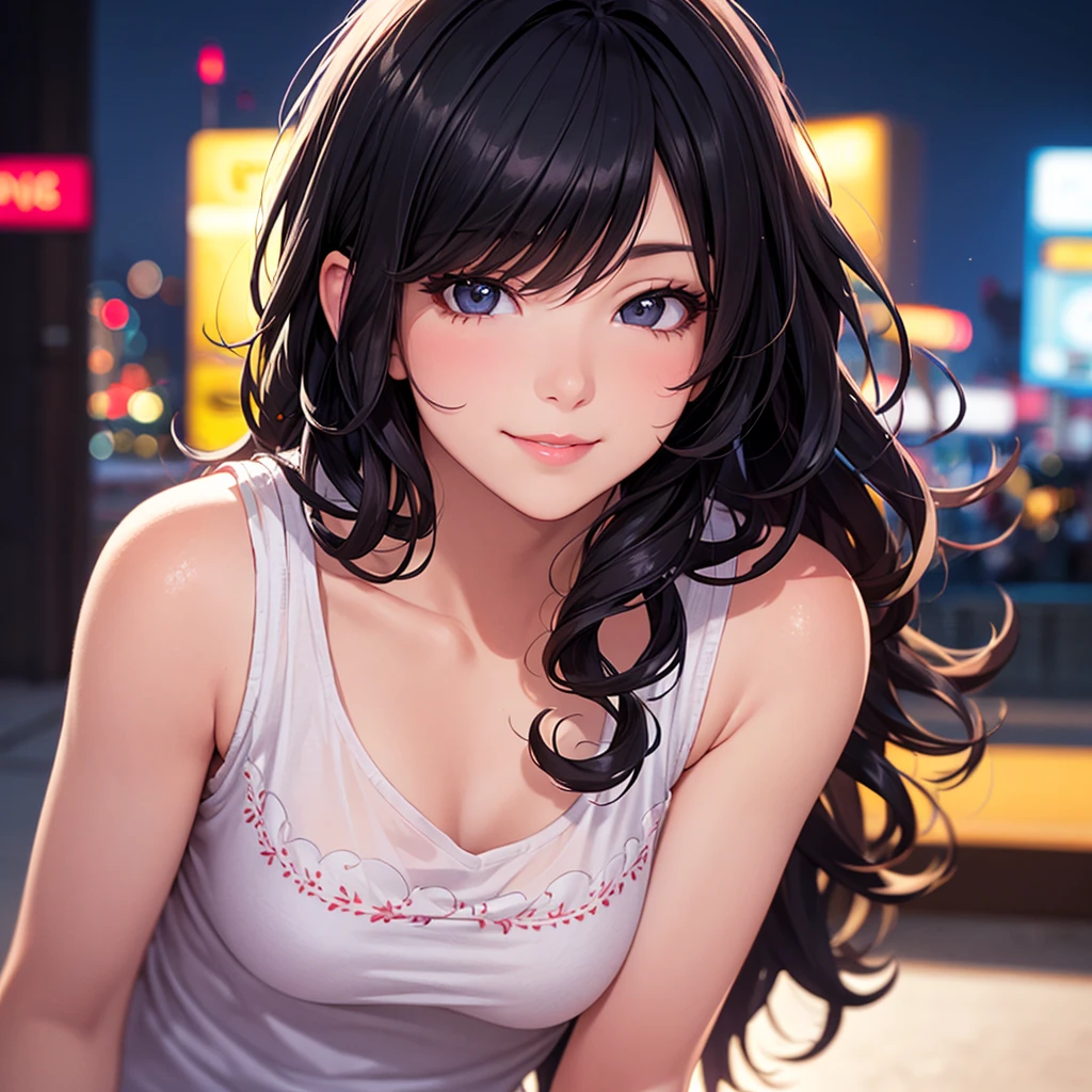 Top quality, realistic, depth of field, night city, neon lights, backlighting, upper body, focus on lips, (1 adult female), small breasts, black hair, long curly hair, glossy pink lips, closed mouth, sexy pose, upturned eyes, smiling face, detailed embroidery, sleeveless t-shirt, frills,