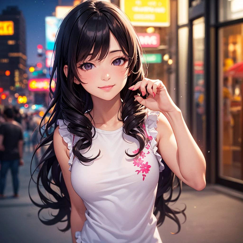 Top quality, realistic, depth of field, night city, neon lights, backlighting, upper body, focus on lips, (1 adult female), small breasts, black hair, long curly hair, glossy pink lips, closed mouth, sexy pose, upturned eyes, smiling face, detailed embroidery, sleeveless t-shirt, frills,