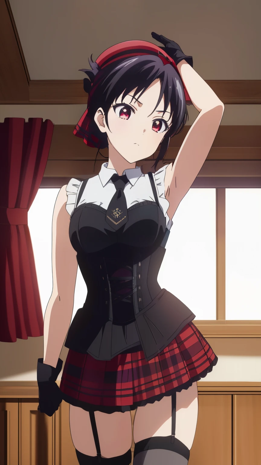 (best quality, masterpiece, 8k:1.2), (anime:1.2), detailed, Shinomiya Kaguya,1girl, solo, (black hair:1.2), side Lock, red eyes, short hair, folded ponytail, red hair ribbon, eye light, small medium breasts, (beret, purple headwear, plaid, black necktie, sleeveless dress, corset, arm strap, black gloves, black thighhighs, striped thighhighs, garter straps, indoor:1.2),
Definition CG Unity, Perfect lit, bright_front_face_lit,Super detailed, photograph, 8K, nffsw, High resolution, (absurd:1.2), kodak portrait 400, film grain, Lens flare, (lively_color:1.2), looking at the viewer, (cowboy shot:1.2), dynamic angle, 