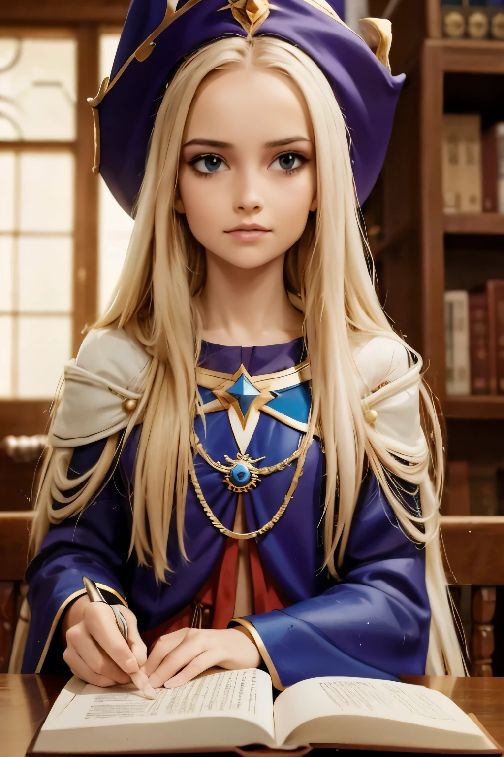 dark magician girl, masterpiece, best quality, (1girl), solo, (water), long hair, blonde hair, blue headwear, wizard hat, spell casting, castle, castle:2, motion blur, book, magic, (moonlight:1.2), chromatic aberration, depth of field, soft lighting, highly detailed face, highly detailed eyes, 