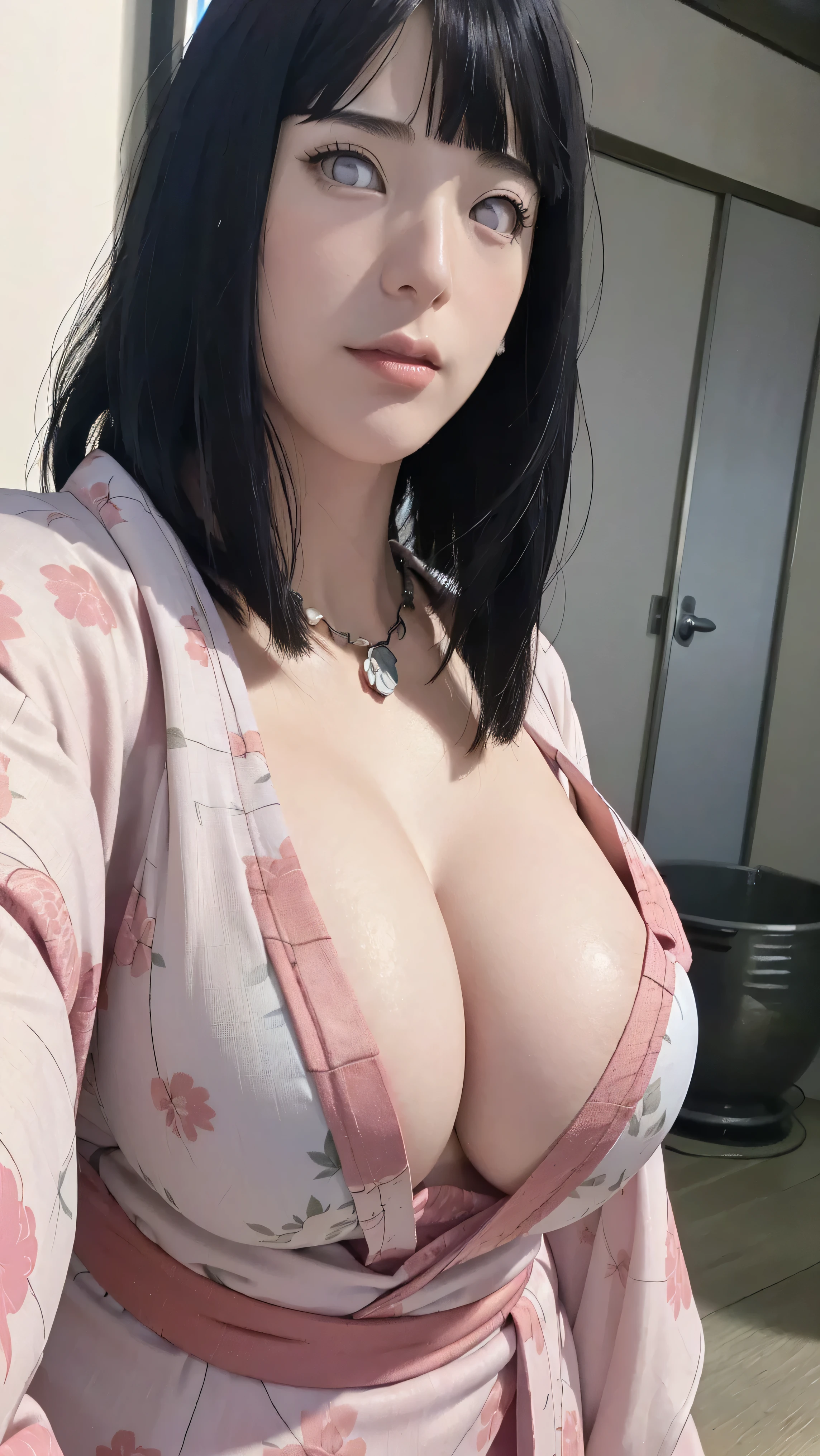 masterpiece, hinata\(boruto\), 1girl, mature women, (((pink floral kimono with spaghetti strap top))), (((Close-up photo))), (((selfie))), (((Cleavage))), (((closed clothing))), (((big breasts))), (((big round breasts))), (((round breasts))), (((extremely heavy breasts))), (((Colossal tits))), (((heavy breasts))), (((Giant breasts))), (((plump breasts))), (((perfect breasts))), (((necklace))), (shy face), detailed lips, beautiful face, blush, (pink lips), (((long hair))), white eyes, gentle gaze, smile, super realistic, detailed, realistic face and body, realistic hair, realistic eyes, realistic nose, realistic lips, seductive pose, (((straight bangs))), (dark blue hair), 28 year old girl