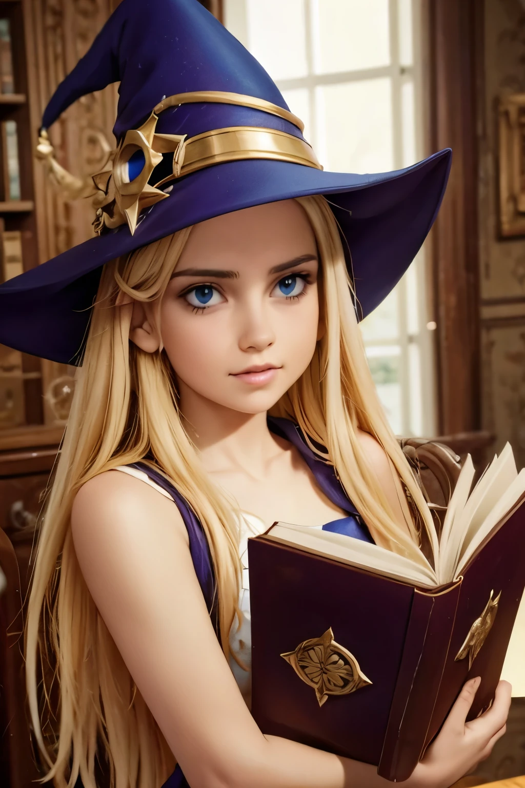 dark magician girl, masterpiece, best quality, (1girl), solo, (water), long hair, blonde hair, blue headwear, wizard hat, spell casting, castle, castle:2, motion blur, book, magic, (moonlight:1.2), chromatic aberration, depth of field, soft lighting, highly detailed face, highly detailed eyes, 