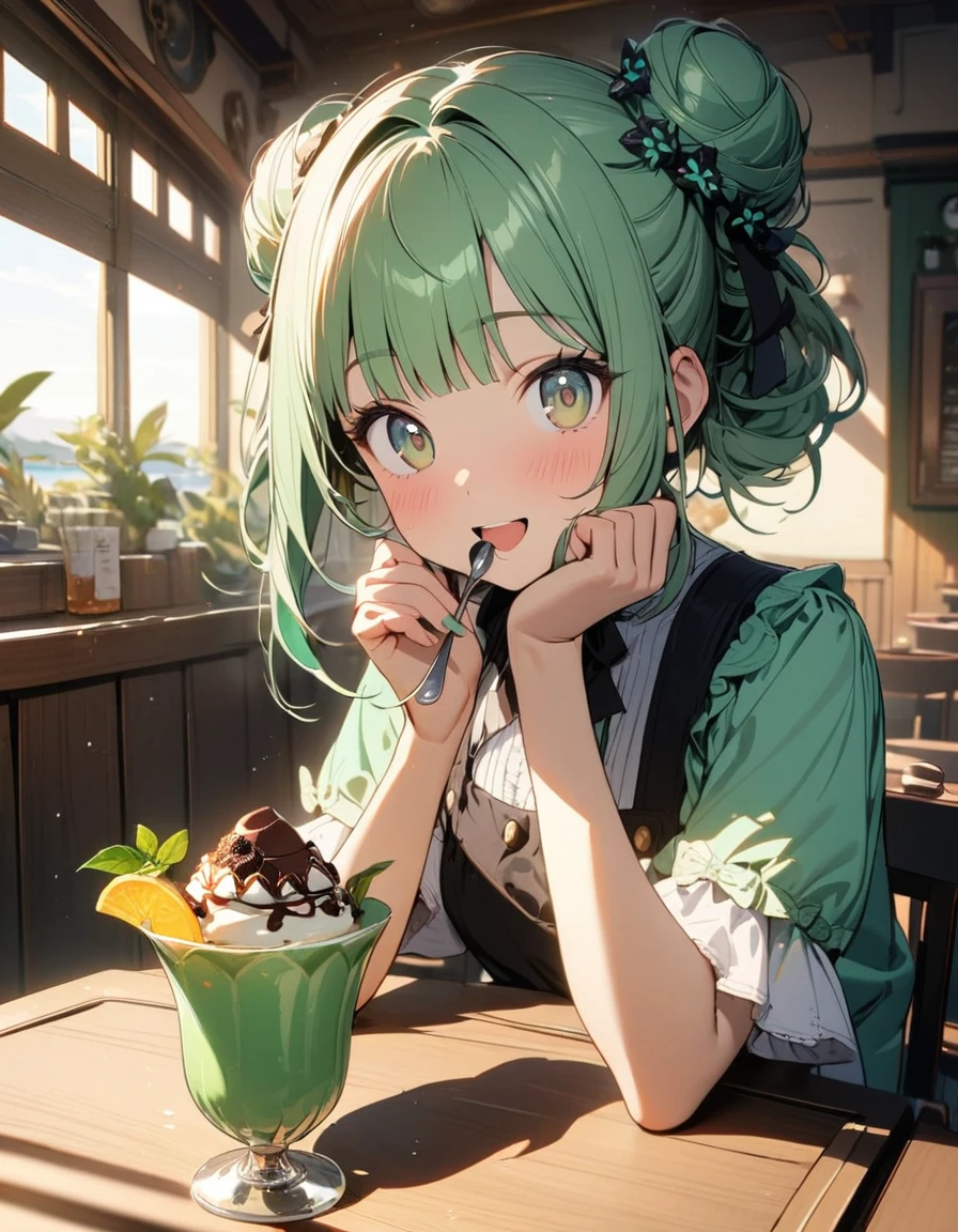 1 girl,amazing quality, aesthetic, aesthetic,ultra-detailed face,detailed eyes,16yo,(Brown eyes),lash extension,Mint green hair,blunt bangs,Mint leaves hair accessory,double bun,Short sleeves,Mint green and brown Lolita dress,holding a spoon,Looking at viewer,happy,one Chocolate mint parfait on the table,Sitting,indoors French Restaurant,rim light,masterpiece,8K,top quality, highly detailed illustration