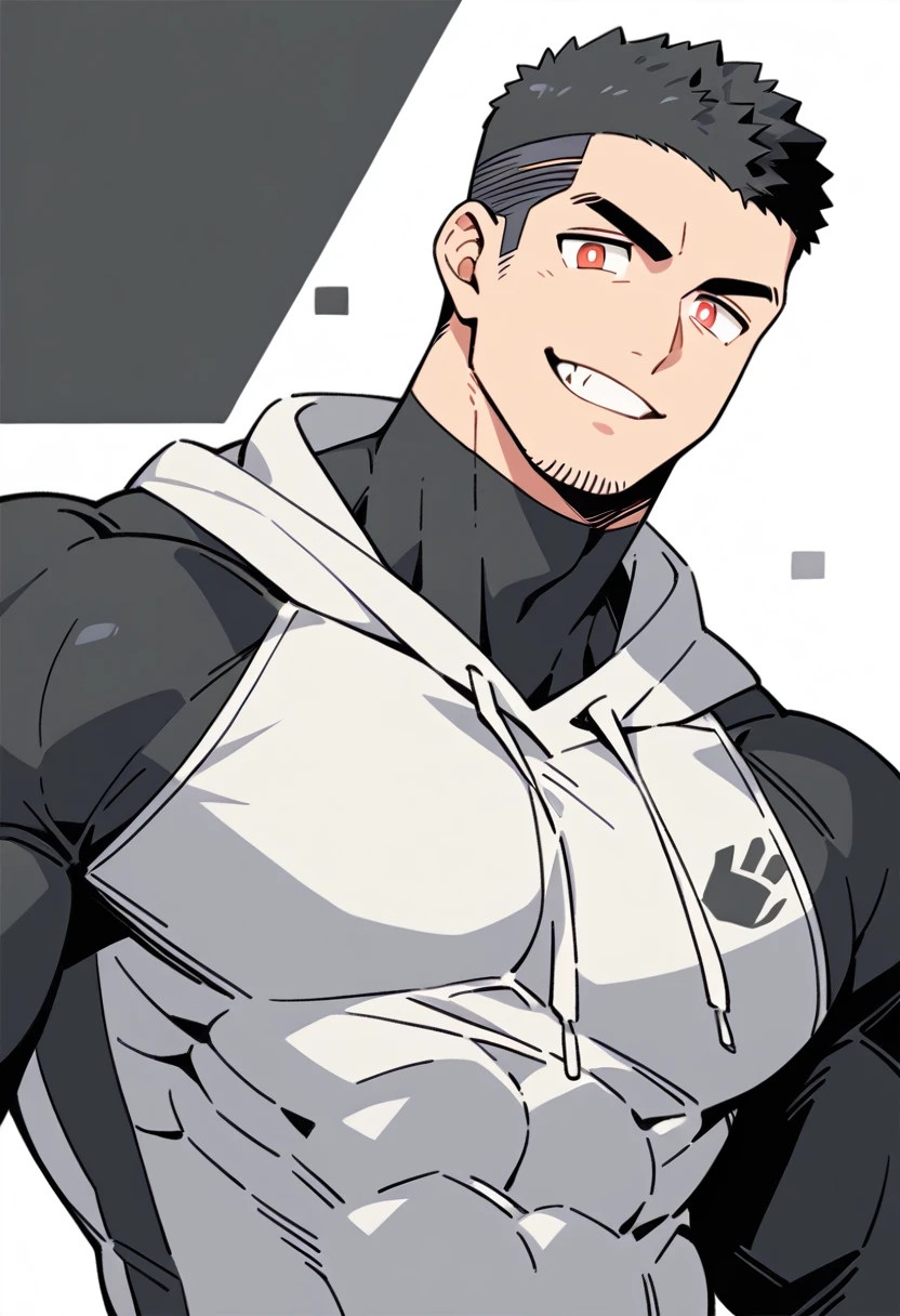 anime characters：Priapus, Black Black Skin Muscle Sports Student, Manliness, Buzz Cut，male focus, Sports tight hooded sweatshirt, Under Armour Brand, Wear a high-necked tights underneath, Very tight, Huge pectoral muscles, muscular male, muscular, only, Upper body, alone, Red short hair, Thick eyebrows, Stubble, Brown-red pupils, White background, Solid color background, Clean background, simple background, amazing quality, best aesthetics, Ridiculous, crew cut, smirk, bright pupils, grin, negative space, negative space, best quality