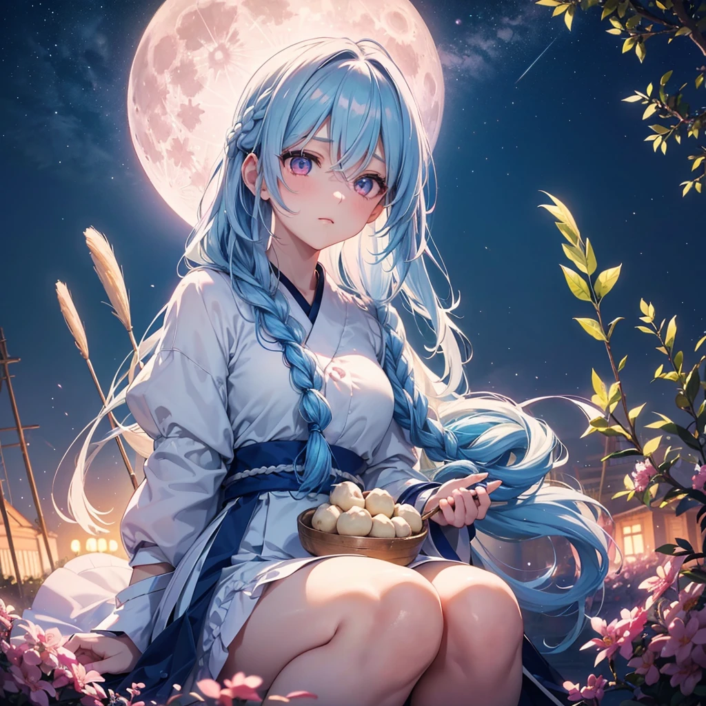 Sky blue hair, (Braided medium hair:1.2), Pink eyes,Fair skin ,(whole body),(One Girl),(White sweet dumplings ),White round dumplings,Japanese pampas grass,(beautiful, Full moon shining in the night sky),(masterpiece, Highest quality, Very detailed, Best Shadow), (Detailed Background), (Beautifully detailed face), High Contrast, (Best lighting, Very delicate and beautiful), ((Cinematic Light)), colorful, Hyper Detail,8k, Dramatic Light, Intricate details,Sit down and eat dumplings