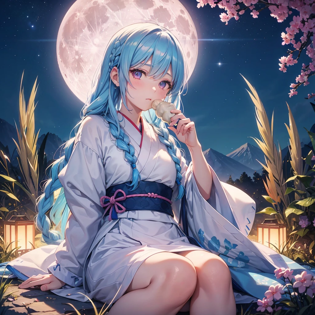 Sky blue hair, (Braided medium hair:1.2), Pink eyes,Fair skin ,(whole body),(One Girl),(White sweet dumplings ),White round dumplings,Japanese pampas grass,(beautiful, Full moon shining in the night sky),(masterpiece, Highest quality, Very detailed, Best Shadow), (Detailed Background), (Beautifully detailed face), High Contrast, (Best lighting, Very delicate and beautiful), ((Cinematic Light)), colorful, Hyper Detail,8k, Dramatic Light, Intricate details,Sit down and eat dumplings