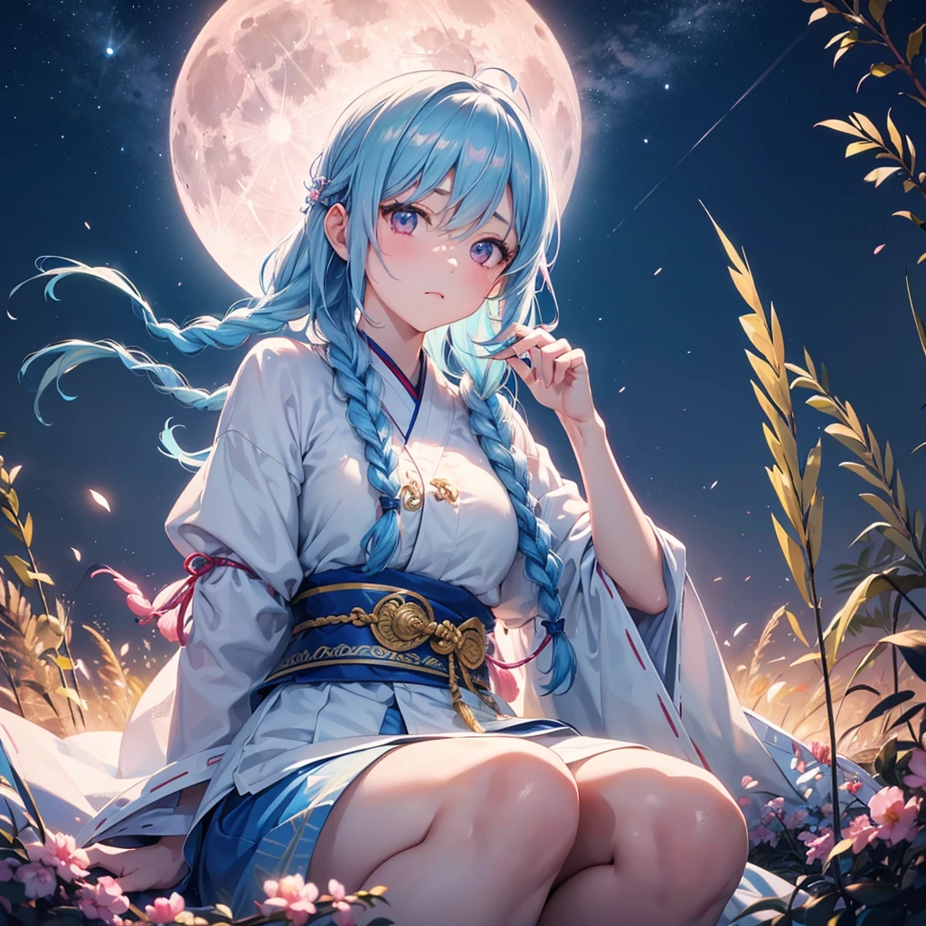 Sky blue hair, (Braided medium hair:1.2), Pink eyes,Fair skin ,(whole body),(One Girl),(White sweet dumplings ),White round dumplings,Japanese pampas grass,(beautiful, Full moon shining in the night sky),(masterpiece, Highest quality, Very detailed, Best Shadow), (Detailed Background), (Beautifully detailed face), High Contrast, (Best lighting, Very delicate and beautiful), ((Cinematic Light)), colorful, Hyper Detail,8k, Dramatic Light, Intricate details,Sit down and eat dumplings