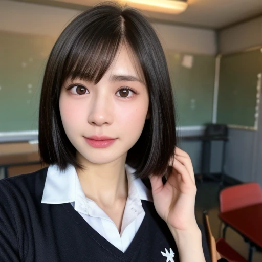 NSFW, (kawaii 18 year-old Japanese girl, Nogizaka idol, Korean idol, highschool student), healthy female athlete body, (glossy black hair, short hair, pixie cut, bangs:1.3), (rounded face, beautiful black eyes, single eyelid, no makeup, looking at something out of frame, shy:1.5), (collared shirt lift, visible bare breasts, pleated skirt:1.3), extra small breasts, BREAK, (classroom background, seating in the chair:1.2), (dynamic angle, cowboy shot:1.2), BREAK, (masterpiece, best quality, photo realistic, official art:1.4), (UHD, 8K quality wallpaper, high resolution, raw photo, golden ratio:1.3), (shiny skin), professional lighting, physically based rendering, award winning, (highly detailed skin, extremely detailed face and eyes), Carl Zeiss 85 mm F/1.4, depth of field, 1girl, solo,