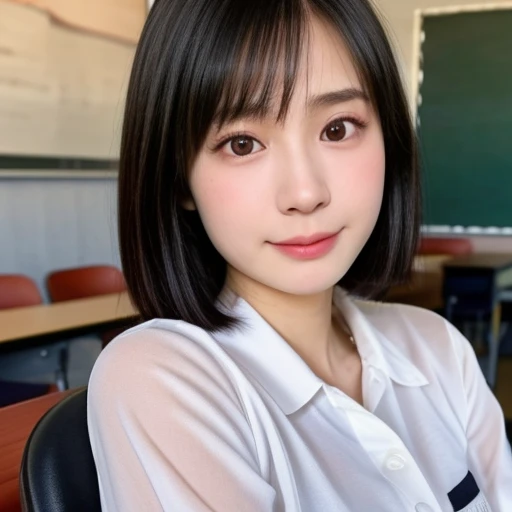 NSFW, (kawaii 18 year-old Japanese girl, Nogizaka idol, Korean idol, highschool student), healthy female athlete body, (glossy black hair, short hair, pixie cut, bangs:1.3), (rounded face, beautiful black eyes, single eyelid, no makeup, looking at something out of frame, shy:1.5), (collared shirt lift, visible bare breasts, pleated skirt:1.3), extra small breasts, BREAK, (classroom background, seating in the chair:1.2), (dynamic angle, cowboy shot:1.2),  BREAK, (masterpiece, best quality, photo realistic, official art:1.4), (UHD, 8K quality wallpaper, high resolution, raw photo, golden ratio:1.3), (shiny skin), professional lighting, physically based rendering, award winning, (highly detailed skin, extremely detailed face and eyes), Carl Zeiss 85 mm F/1.4, depth of field, 1girl, solo,