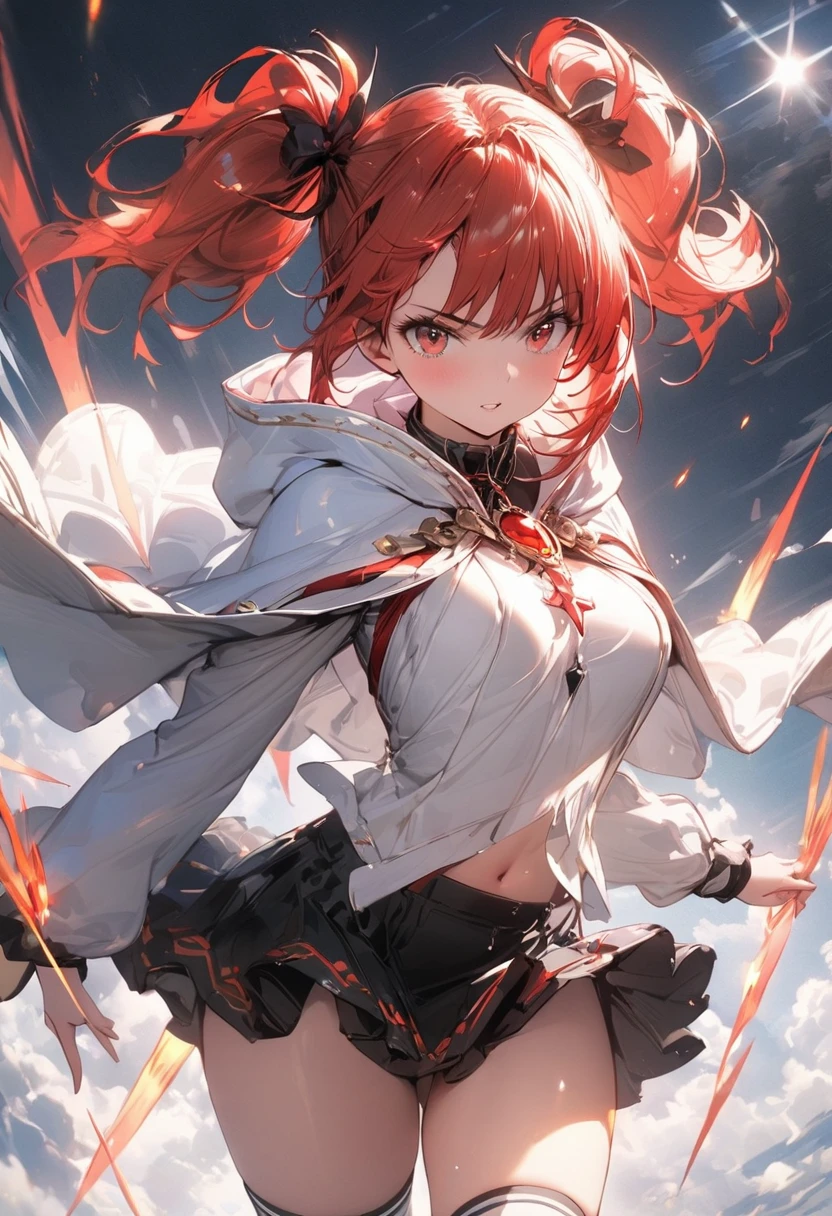 (masterpiece),(best quality),(ultra-detailed),(best illustration),(best shadow),(absurdres),(detailed background),(very aesthetic), wizzard, short hair, red hair, ((twin tail)), red eyes, cloak, ((red_ornamentedium_tits)), exposed belly, 1girl, legs exposed, strikes, Perfect face, short skirt, knee socks,add_detail:1, add_detail:0, add_detail:0.5, moody light,and the sun was shining brightly,8k,hyper-detailing
