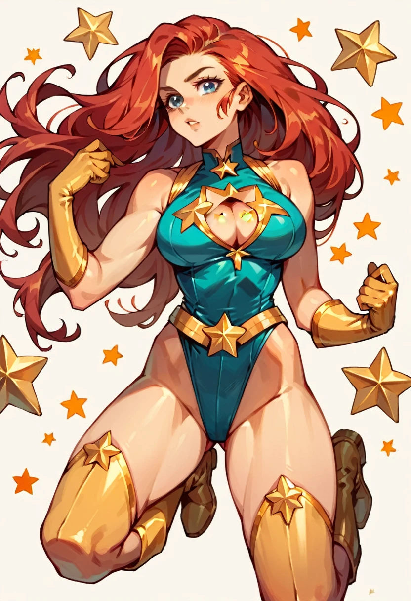 masterpiece, y, Superheroine, Red hair, long hair, bus(blue highleg leotard with a t-back thong and a gold star insignia on chest)), gold boots, gold gloves, ((Cleavage), 