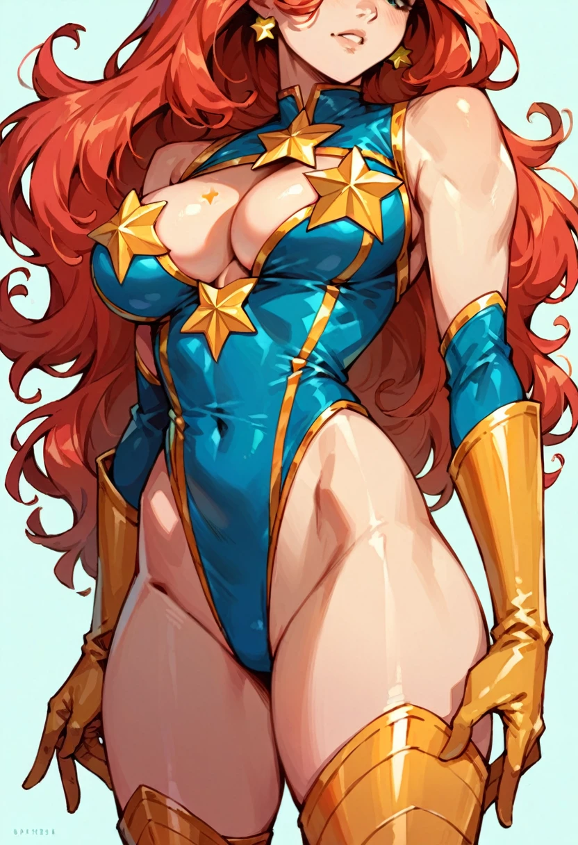 masterpiece, Sexy, Superheroine, Red hair, long hair, busty, ((blue highleg leotard with a t-back thong and a gold star insignia on chest)), gold boots, gold gloves, ((Cleavage Cutout)), 