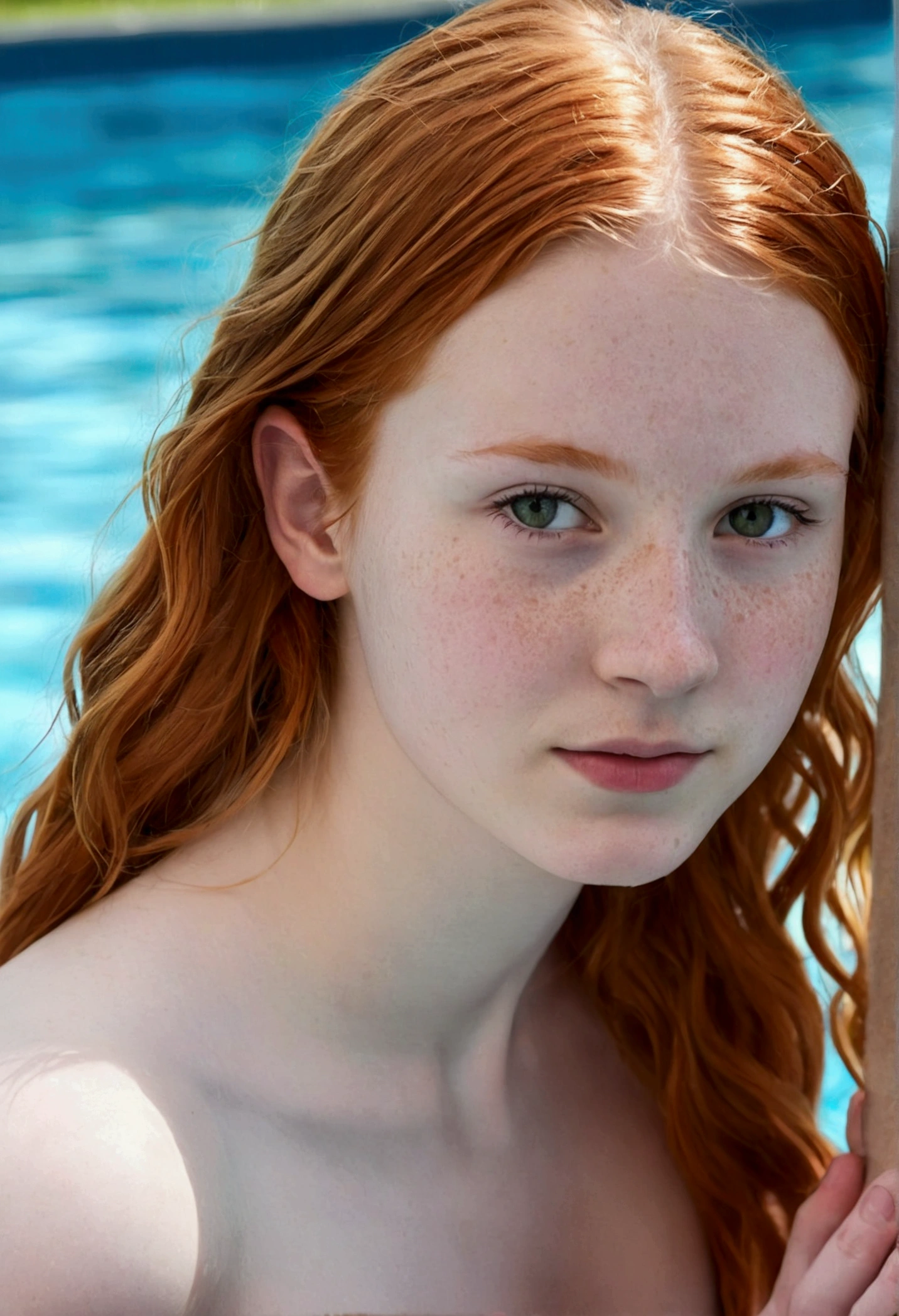 Pretty 16 year old redhead naked by a swimming pool 