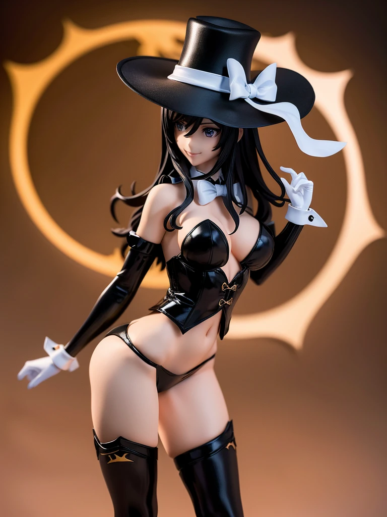 Digital illustration featuring a female character dressed as magic. The character has long, wavy black hair and wears a black top hat, a black tuxedo jacket with tails, a white bustier, and high-waisted black shorts. She also wears white gloves and a white bow tie. The background is a gradient of dark red and black, with a spotlight effect highlighting the character. The character is smiling and holding the brim of his hat with his right hand.