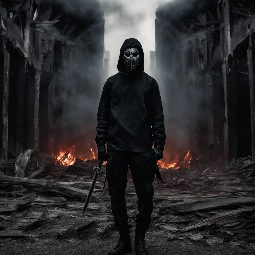 A  boy wearing a black mask and short disheveled hair stared straight ahead with an angry gaze. He was wearing a torn black tactical suit while holding two military knives that were full of blood. He posed like he was about to fight. Behind him is a view of a ruined city and soaring flames.