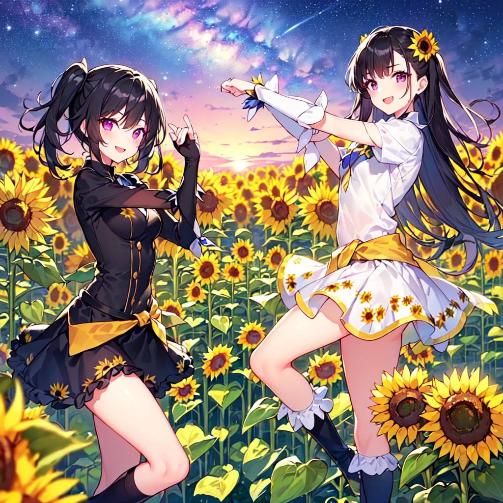 masterpiece, best quality, high quality, extremely detailed, very delicate and beautiful, (5female 18 years old five:1.5), (long black hair two-side up to waist:1.5), bangs to eyebrows, eyes Eyes: 1.5), (long black hair up to the waist with two side up), (bangs up to the eyebrows), eyes: 1.5), (eyes: 1.3), (eye color: magenta), 6.5 head height, (sunflower print magical girl fashion: 1.3), knee socks, frills, (makeup: 1.3), (smiling),(standing), (pose), (dynamic pose)(sunflower field :1.3),(Milky Way Night Sky:1.3),(group shot:1.3)