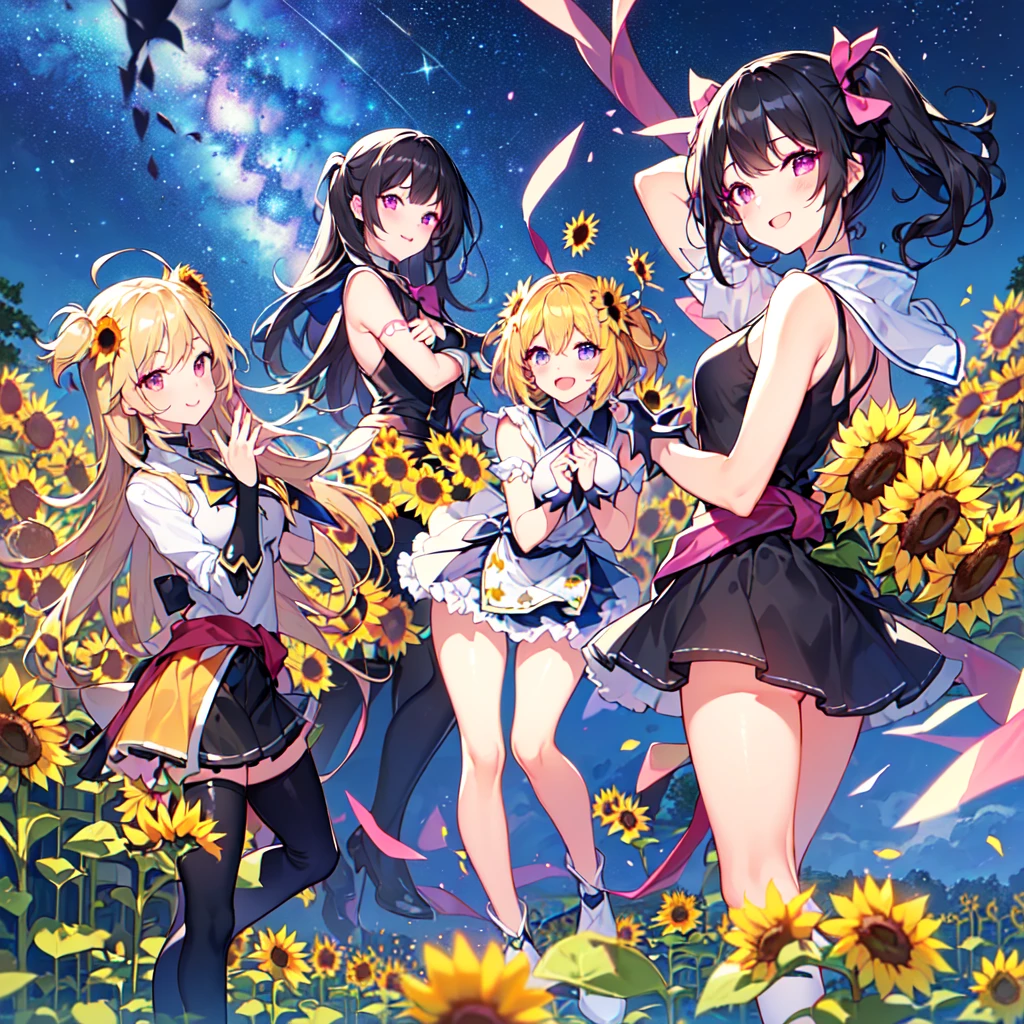 masterpiece, best quality, high quality, extremely detailed, very delicate and beautiful, (5female 18 years old five:1.5), (long black hair two-side up to waist:1.5), bangs to eyebrows, eyes Eyes: 1.5), (long black hair up to the waist with two side up), (bangs up to the eyebrows), eyes: 1.5), (eyes: 1.3), (eye color: magenta), 6.5 head height, (sunflower print magical girl fashion: 1.3), knee socks, frills, (makeup: 1.3), (smiling),(standing), (pose), (dynamic pose)(sunflower field :1.3),(Milky Way Night Sky:1.3),(group shot:1.3)