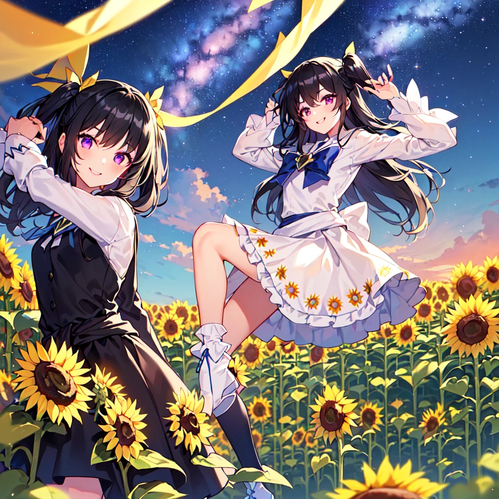 masterpiece, best quality, high quality, extremely detailed, very delicate and beautiful, (5female 18 years old five:1.5), (long black hair two-side up to waist:1.5), bangs to eyebrows, eyes Eyes: 1.5), (long black hair up to the waist with two side up), (bangs up to the eyebrows), eyes: 1.5), (eyes: 1.3), (eye color: magenta), 6.5 head height, (sunflower print magical girl fashion: 1.3), knee socks, frills, (makeup: 1.3), (smiling),(standing), (pose), (dynamic pose)(sunflower field :1.3),(Milky Way Night Sky:1.3),(group shot:1.3)
