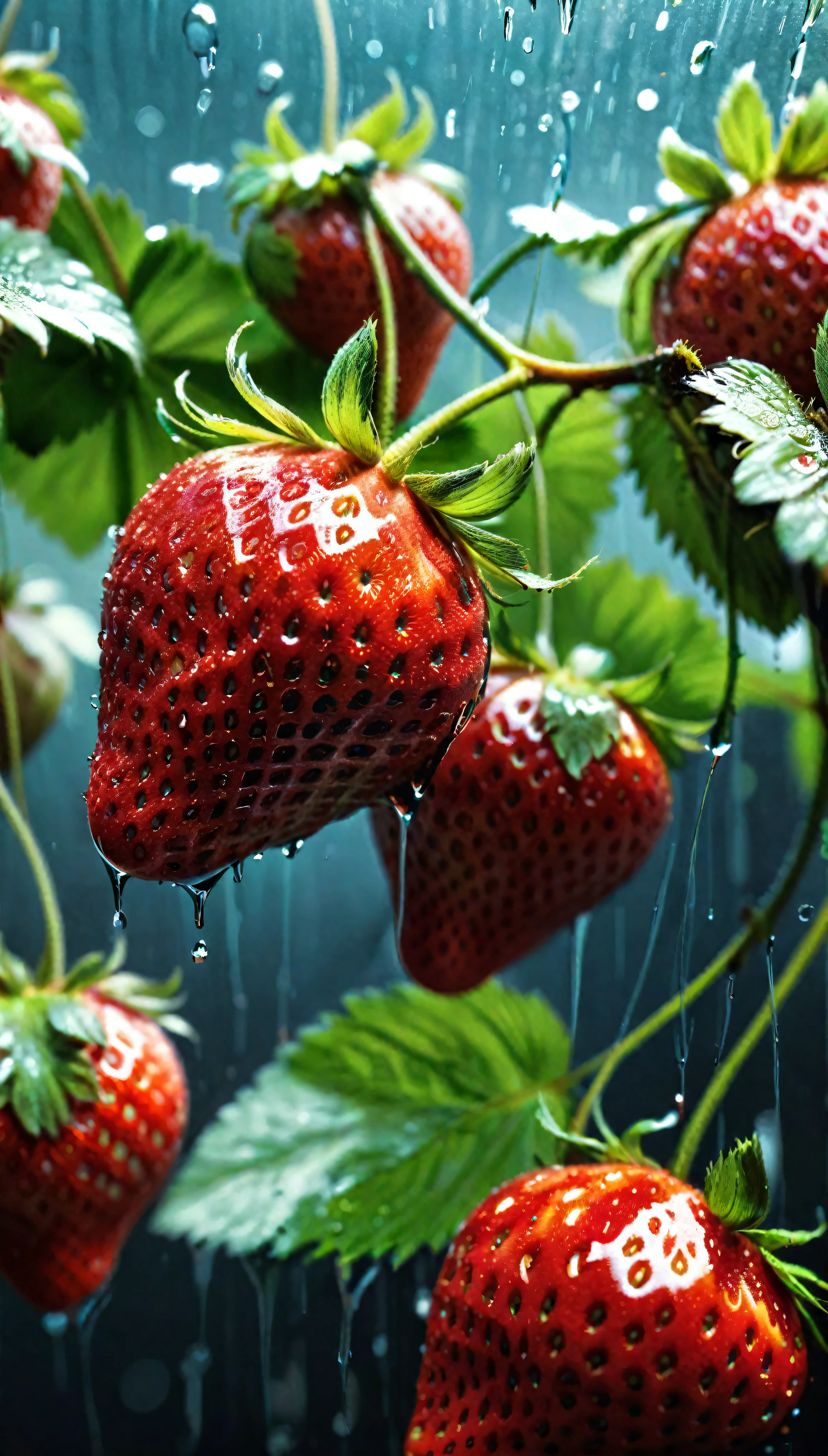 ((Masterpiece in maximum 16K resolution):1.6),((soft_color_photograpy:)1.5), ((Ultra-Detailed):1.4),((Movie-like still images and dynamic angles):1.3),((Wide cinematic lens):1.1). | ((Wide Cinematic shot of fresh strawberries):1.2), ((fresh wet strawberries):1.1), ((a beautiful strawberry farm):1.3), (wide cinematic lens), (tyndall effect), (a lot of drips), (joyful atmosphere), (shimmer), (visual experience) ,(Realism), (Realistic),award-winning graphics, dark shot, film grain, extremely detailed, Digital Art, rtx, Unreal Engine, scene concept anti glare effect, All captured with sharp focus. | Rendered in ultra-high definition with UHD and retina quality, this masterpiece ensures anatomical correctness and textured skin with super detail. With a focus on high quality and accuracy, this award-winning portrayal captures every nuance in stunning 16k resolution, immersing viewers in its lifelike depiction. | ((perfect_composition, perfect_design, perfect_layout, perfect_detail, ultra_detailed)), ((enhance_all, fix_everything)), More Detail, Enhance.