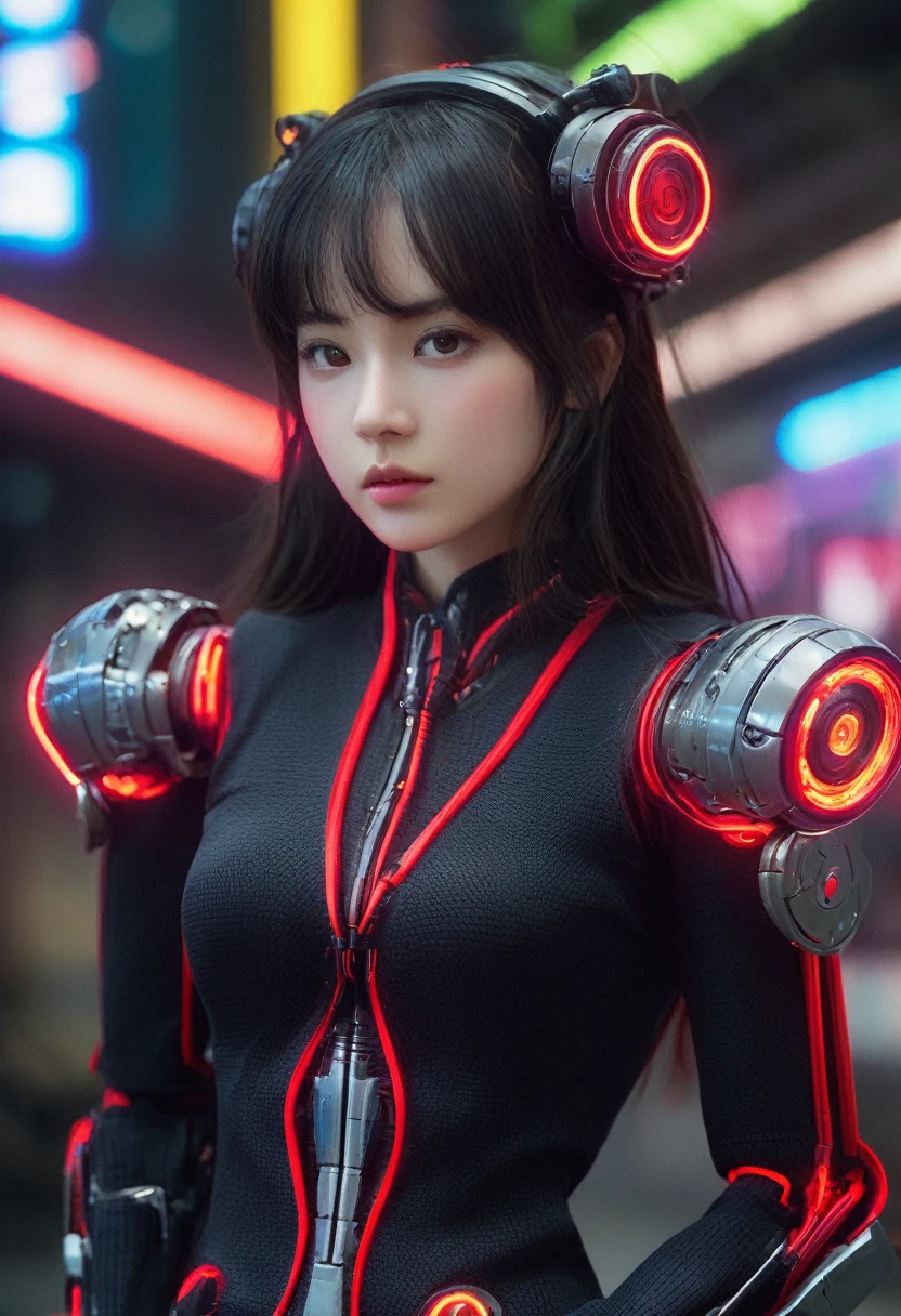 xxmixgirl. Highly detailed professional 35mm film, bokeh, face in sharp focus. A robotic female, Miku, with ((metal skin)), ((perfect Asian eyes)) with magenta irises and ((black pupils)), beautiful serious (detailed face), 18 year old ((photorealistic face)), very long magenta twin tails of magenta hair, twin black hair ties with a single red stripe. She may have a black audio headpiece. We can see her ((full body)) down to her boot soles. Her outfit is a sleeveless collared light grey shirt, outlined in red around the frilled collar and hems. Shiny reflective ((metallic breast cups, dimpleless)), invisible nipples. She wears black sleeves with red hems that start around her upper arm and bellow out as the sleeves open and extend to her wrists, with wide trumpet red rimmed cuffs. She has perfect robotic (detailed hands). She wears a red colored tie with two horizontal solid parallel black lines halfway across. She wears a fabric black skirt with a horizontal red hem at the bottom all the way around; her (((black skirt wraps around her))) and ((her skirt completely covers)) her robotic waist and thighs. Tall black boots with red bottom soles, a red rim around the top at her thighs. Her mechanical shoulder joints are visible. We can see her robotic legs and robotic neck. Half of her is covered with shiny polished machinery. The background is a distant dark neon futuristic Japanese city, gold, cyan, violet neon, near harbor or mountains.