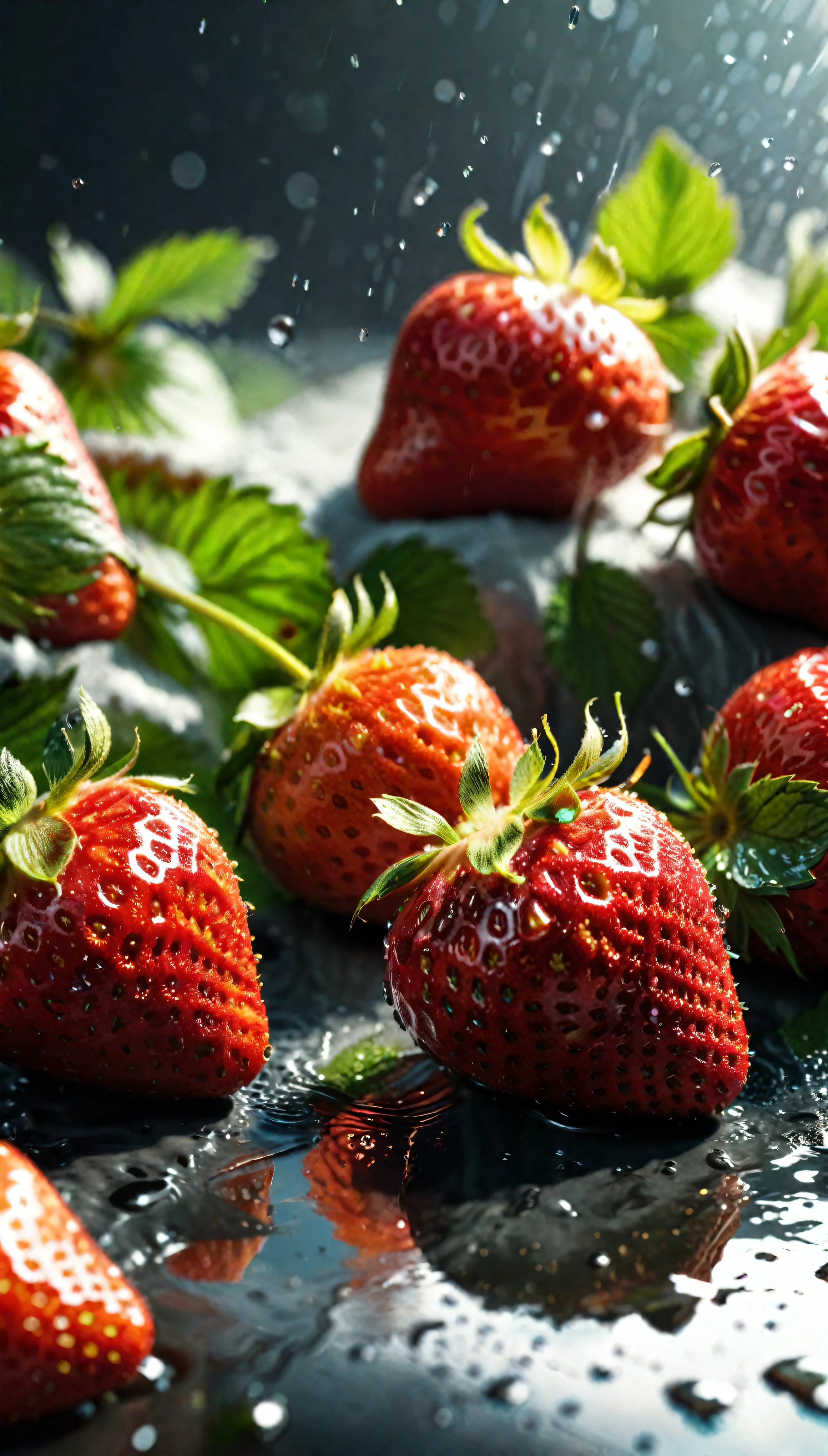 ((Masterpiece in maximum 16K resolution):1.6),((soft_color_photograpy:)1.5), ((Ultra-Detailed):1.4),((Movie-like still images and dynamic angles):1.3),((Wide cinematic lens):1.1). | ((Wide Cinematic shot of fresh strawberries):1.2), ((fresh wet strawberries):1.1), ((a beautiful strawberry farm):1.3), (wide cinematic lens), (tyndall effect), (a lot of drips), (joyful atmosphere), (shimmer), (visual experience) ,(Realism), (Realistic),award-winning graphics, dark shot, film grain, extremely detailed, Digital Art, rtx, Unreal Engine, scene concept anti glare effect, All captured with sharp focus. | Rendered in ultra-high definition with UHD and retina quality, this masterpiece ensures anatomical correctness and textured skin with super detail. With a focus on high quality and accuracy, this award-winning portrayal captures every nuance in stunning 16k resolution, immersing viewers in its lifelike depiction. | ((perfect_composition, perfect_design, perfect_layout, perfect_detail, ultra_detailed)), ((enhance_all, fix_everything)), More Detail, Enhance.