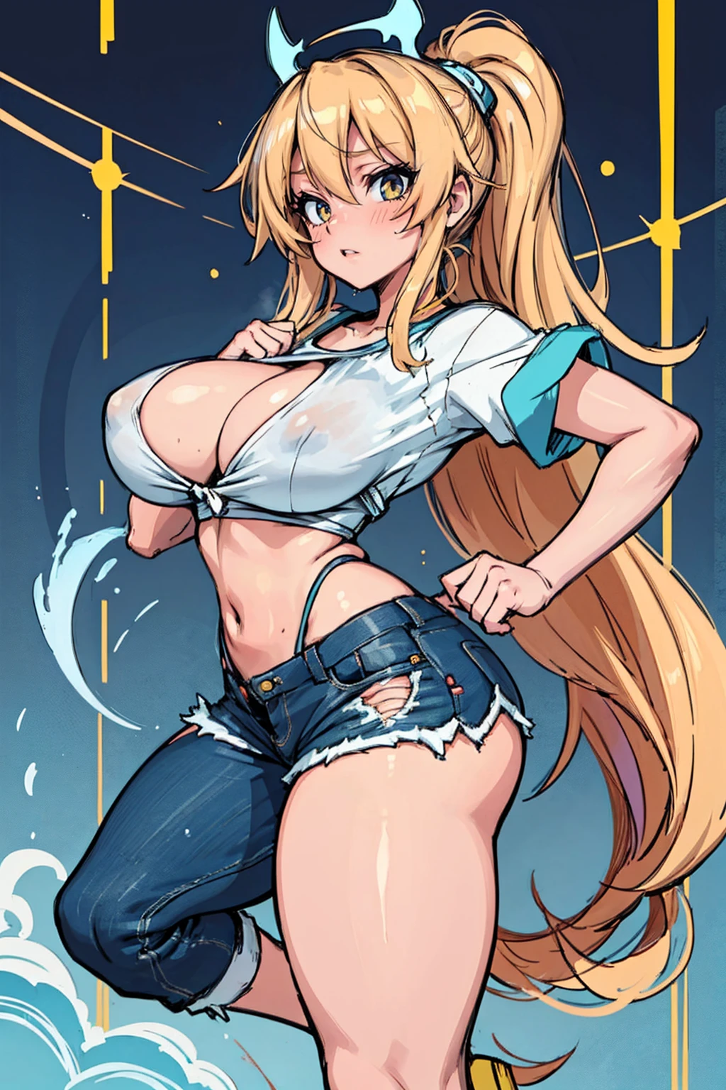 Anime Kawaii sexy Perfect Slim sensual body large breast and huge thighs, An intricate and highly detailed illustration of anime (Young girl) living woman, very sensual, with funk girl clothes, Brazilian, Rio de Janeiro, dancing funk, rolling, big-ass, legs thick, wearing extremely short denim shorts, wearing a mini blouse, umbigo com pirsing, Nike sneakers, longye hair, Speaker behind, fully body, very realistic, extremely sexy, 8k, 8k extremamente detalhado), (an extremely delicate and beautiful), (Masterpiece artwork), (best qualityer: 1.0), (ultra high resolution:1.0)