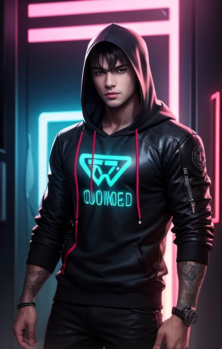 a handsome boy, cyberpunk style, hood, neon lights, high-tech clothing, 