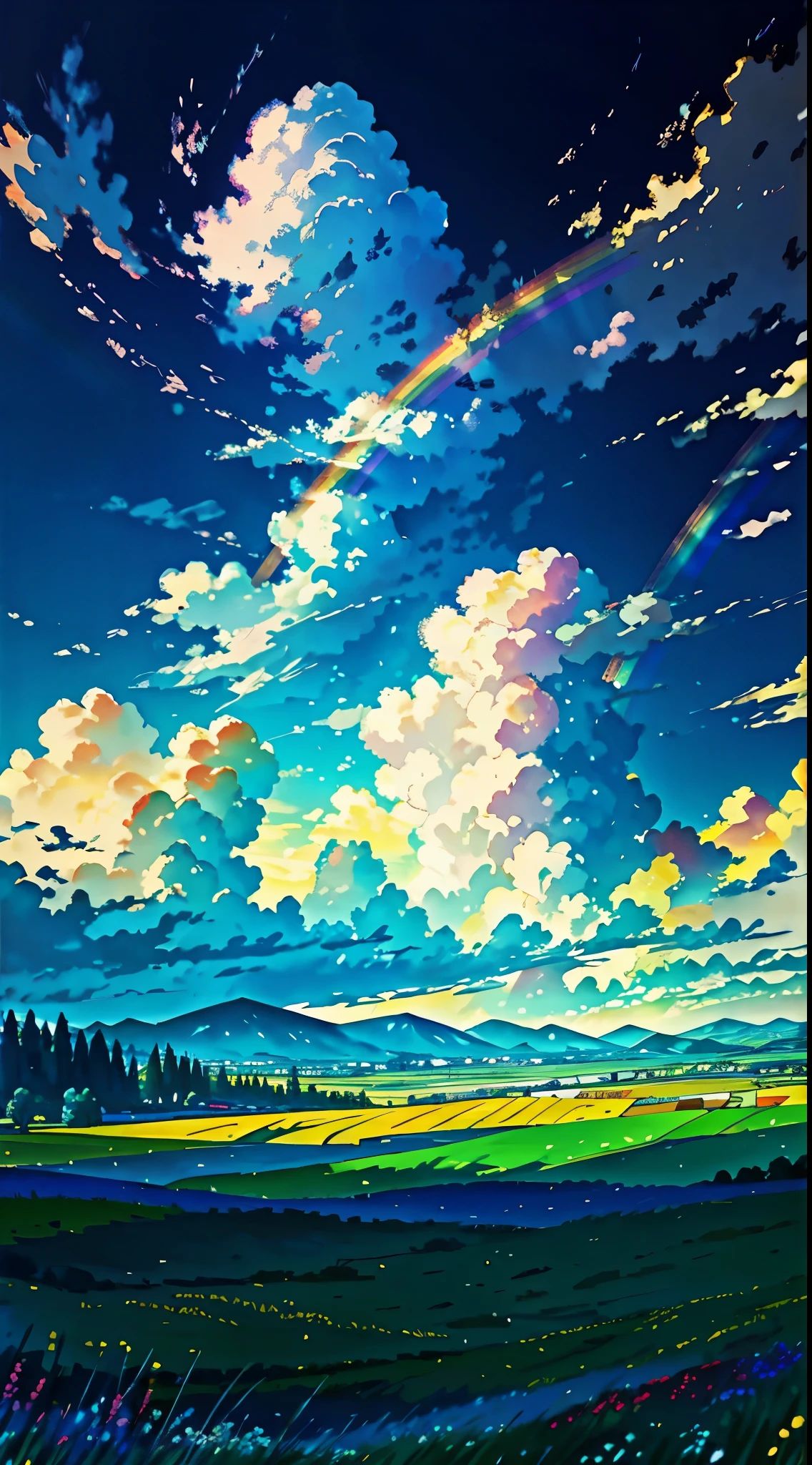 (from below, the sky above, open fields below), blue sky, white clouds, sun, sunlight, fields, mountains, meadows, flowers, wind, (dynamic composition: 1.4), rich detail, rich in color, (rainbow colors: 1.2), (luminous, atmospheric lighting), dreamy, magical,