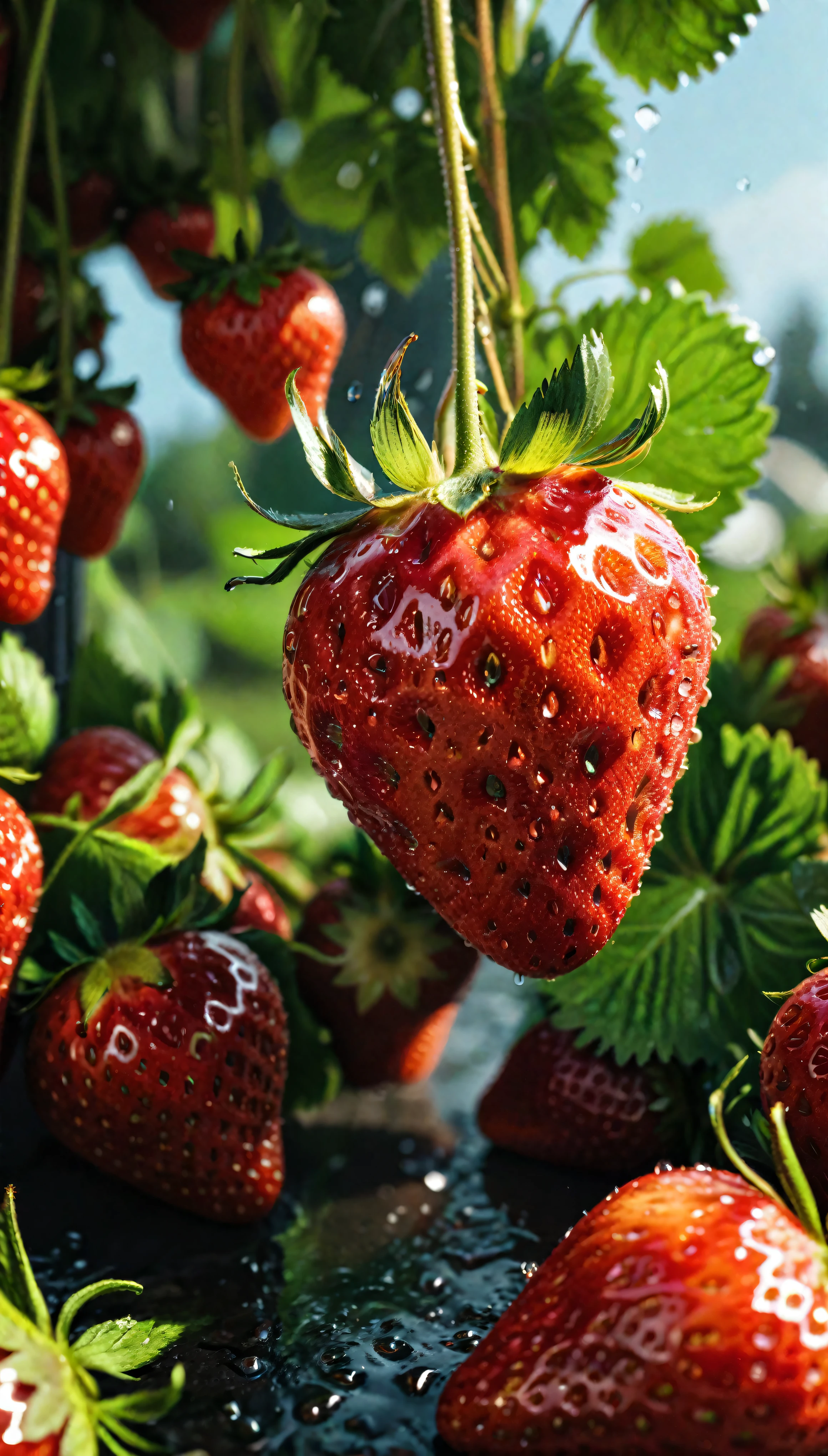 ((Masterpiece in maximum 16K resolution):1.6),((soft_color_photograpy:)1.5), ((Ultra-Detailed):1.4),((Movie-like still images and dynamic angles):1.3),((Wide cinematic lens):1.1). | ((Wide Cinematic shot of fresh strawberries):1.2), ((fresh wet strawberries):1.1), ((a beautiful strawberry farm):1.3), (wide cinematic lens), (tyndall effect), (a lot of drips), (joyful atmosphere), (shimmer), (visual experience) ,(Realism), (Realistic),award-winning graphics, dark shot, film grain, extremely detailed, Digital Art, rtx, Unreal Engine, scene concept anti glare effect, All captured with sharp focus. | Rendered in ultra-high definition with UHD and retina quality, this masterpiece ensures anatomical correctness and textured skin with super detail. With a focus on high quality and accuracy, this award-winning portrayal captures every nuance in stunning 16k resolution, immersing viewers in its lifelike depiction. | ((perfect_composition, perfect_design, perfect_layout, perfect_detail, ultra_detailed)), ((enhance_all, fix_everything)), More Detail, Enhance.