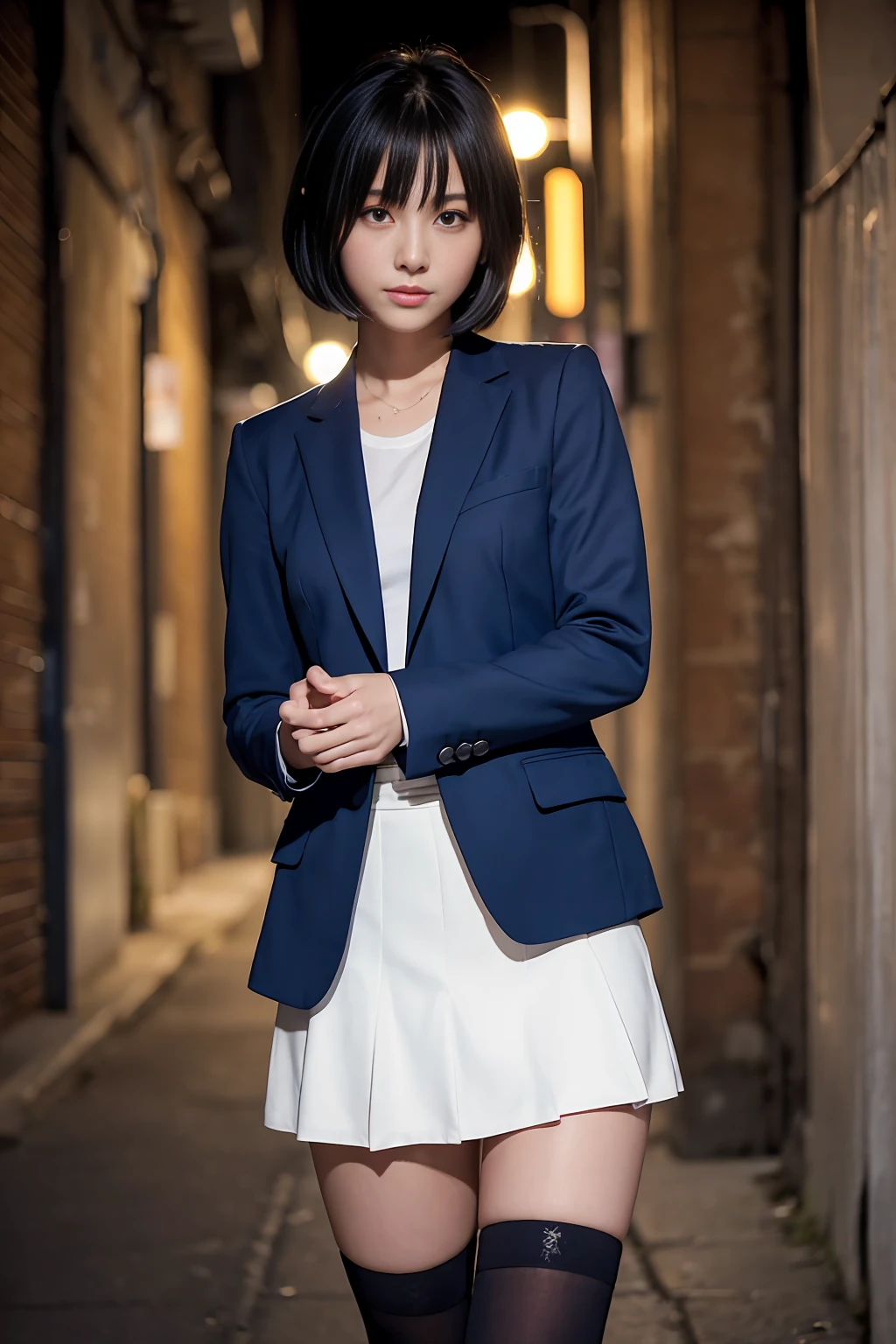 masterpiece,Highest quality,detailed,(Draw the background、The background is Manhattan at night.、Outside, a dimly lit alley spreads out.)、1 female solo,Female police officer、20 year old beauty、Dark blue hair,short hair,blue eyes,Ideal body proportions,Slender body,Medium chest,Glowing Skin,Perfect Anatomy:1.2,Run,With a gun in one hand、patrol、detailedなハンドガン、Navy blue blazer jacket,white tight skirt、mini skirt、thigh_gap, white_thighhighs,
