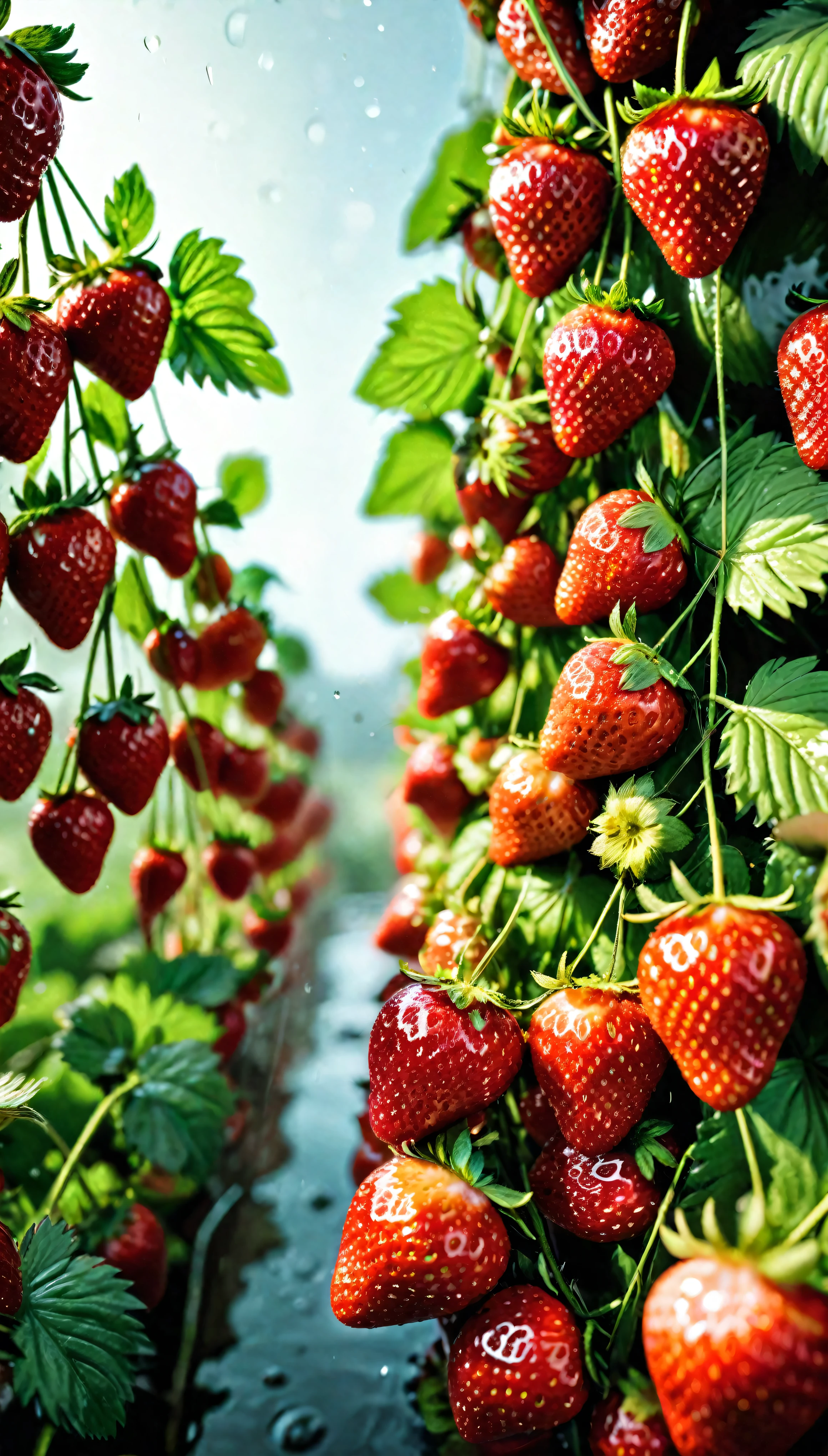 ((Masterpiece in maximum 16K resolution):1.6),((soft_color_photograpy:)1.5), ((Ultra-Detailed):1.4),((Movie-like still images and dynamic angles):1.3),((Wide cinematic lens):1.1). | ((Wide Cinematic shot of fresh strawberries):1.2), ((fresh wet strawberries):1.1), ((a beautiful strawberry farm):1.3), (wide cinematic lens), (tyndall effect), (a lot of drips), (joyful atmosphere), (shimmer), (visual experience) ,(Realism), (Realistic),award-winning graphics, dark shot, film grain, extremely detailed, Digital Art, rtx, Unreal Engine, scene concept anti glare effect, All captured with sharp focus. | Rendered in ultra-high definition with UHD and retina quality, this masterpiece ensures anatomical correctness and textured skin with super detail. With a focus on high quality and accuracy, this award-winning portrayal captures every nuance in stunning 16k resolution, immersing viewers in its lifelike depiction. | ((perfect_composition, perfect_design, perfect_layout, perfect_detail, ultra_detailed)), ((enhance_all, fix_everything)), More Detail, Enhance.