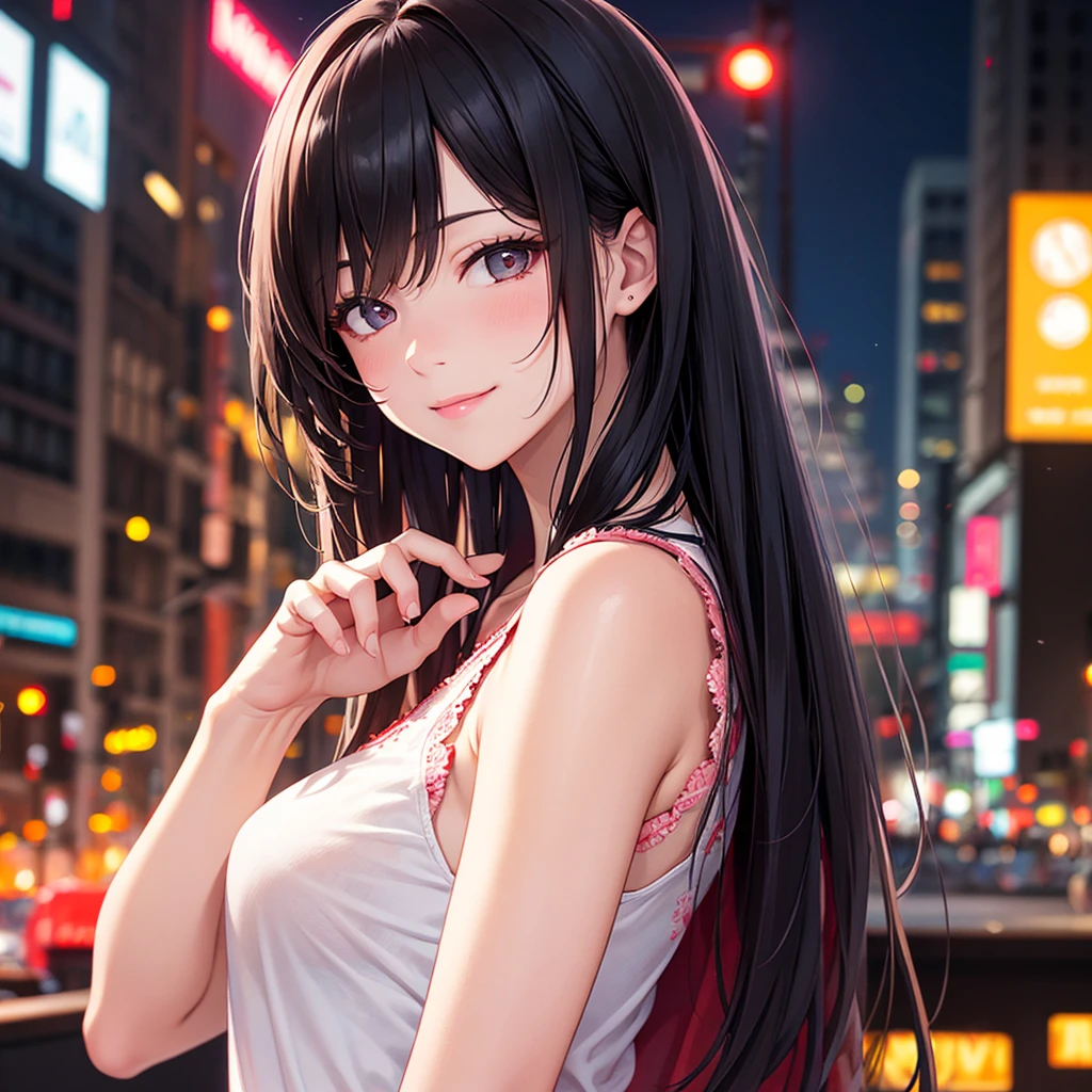 Top quality, realistic, depth of field, red black white theme, night city, neon lights, backlight, upper body, focus on lips, (1 adult female), small breasts, long hair, glossy pink lips, closed mouth, sexy pose, upturned eyes, smiling face, detailed embroidery, lace pattern, transparent, sleeveless t-shirt,