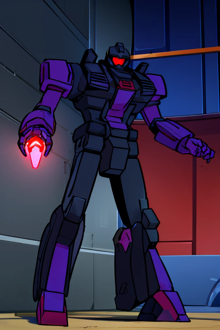 High quality, big robot, big claws for hands, dark blue armor, one red eye, red lighting, dark purple armor, Full body, big arms, thin legs.