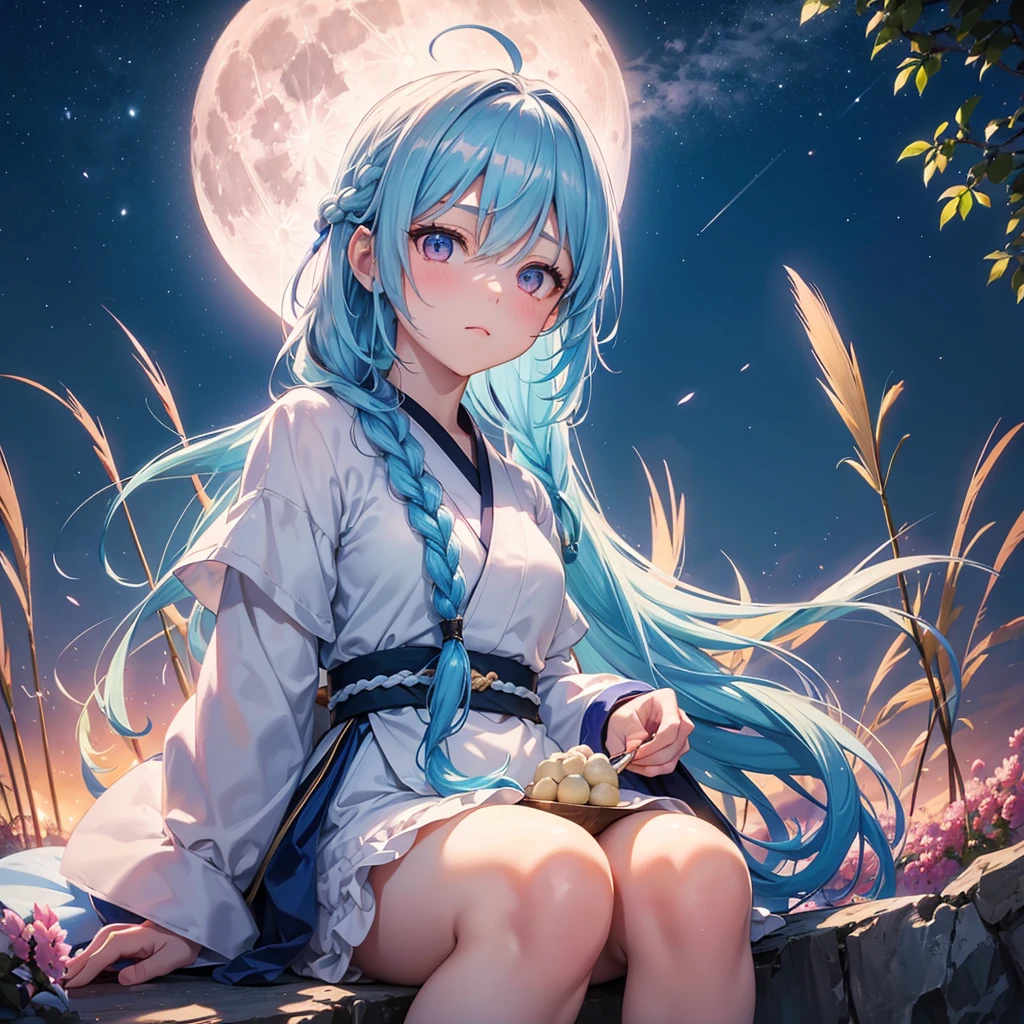 Sky blue hair, (Braided medium hair:1.2), Pink eyes,Fair skin ,(whole body),(One Girl),(White sweet dumplings ),White round dumplings,Japanese pampas grass,(beautiful, Full moon shining in the night sky),(masterpiece, Highest quality, Very detailed, Best Shadow), (Detailed Background), (Beautifully detailed face), High Contrast, (Best lighting, Very delicate and beautiful), ((Cinematic Light)), colorful, Hyper Detail,8k, Dramatic Light, Intricate details,Sit down and eat dumplings