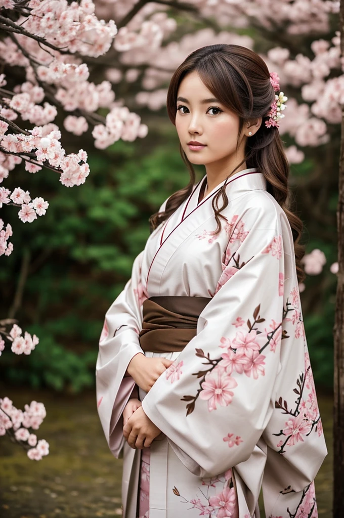 Brown haired woman who is wearing a kimono made for combat, the color of the kimono is white and has brown branches with pink flowers as a pattern on it. 